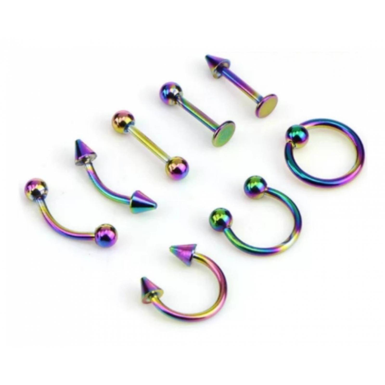 Set De 8 Piercing Nariz, Ceja, Labio, Lengua Y Oreja Tornasol unitalla