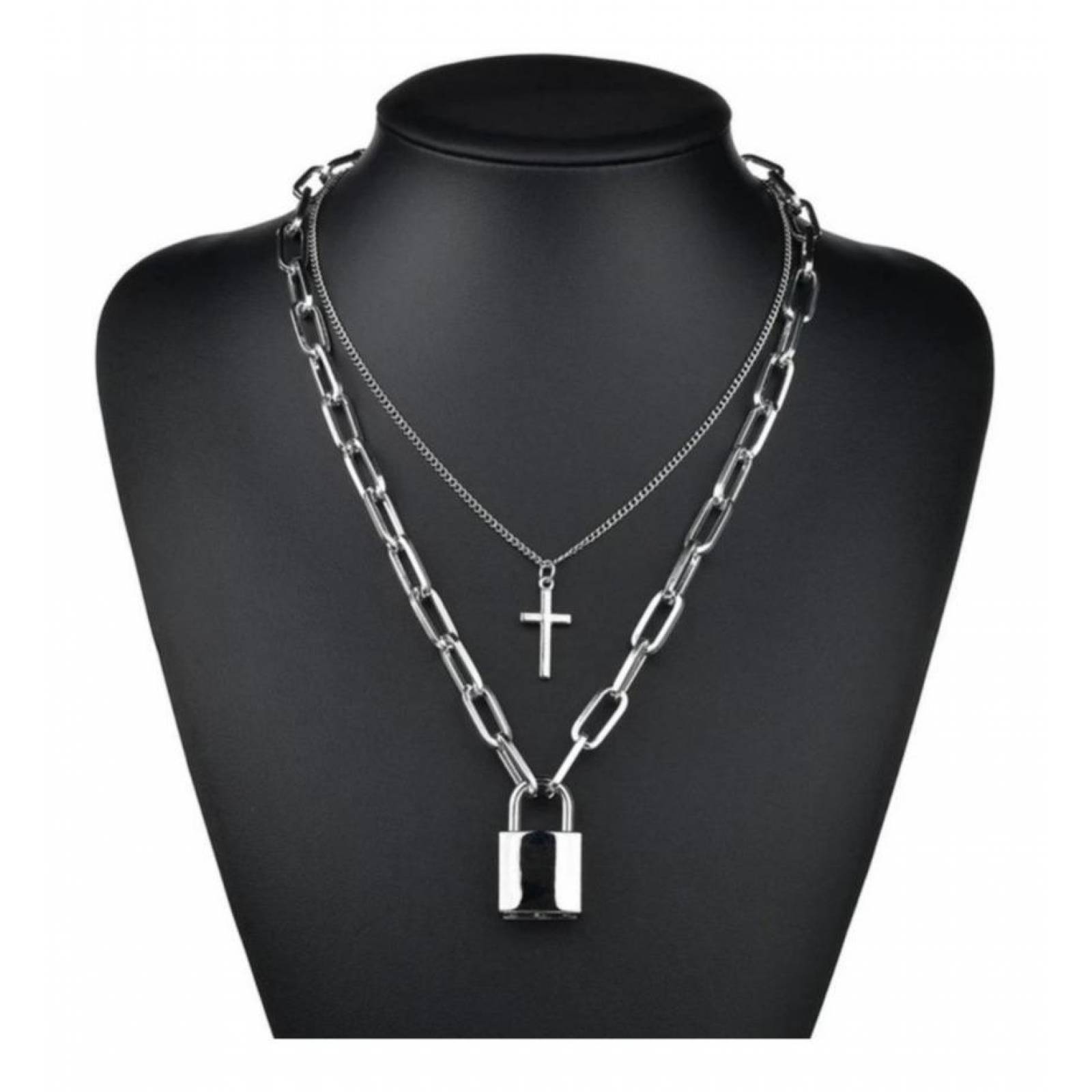 Collar De Cadena Hombre Candado y Cruz Con Llave Moda unitalla