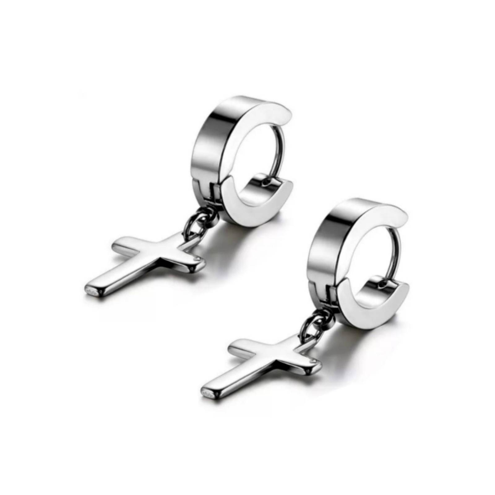 Aretes cruz hombre pendientes piercing arracada acero inoxidable 2 pzs Plateado unitalla