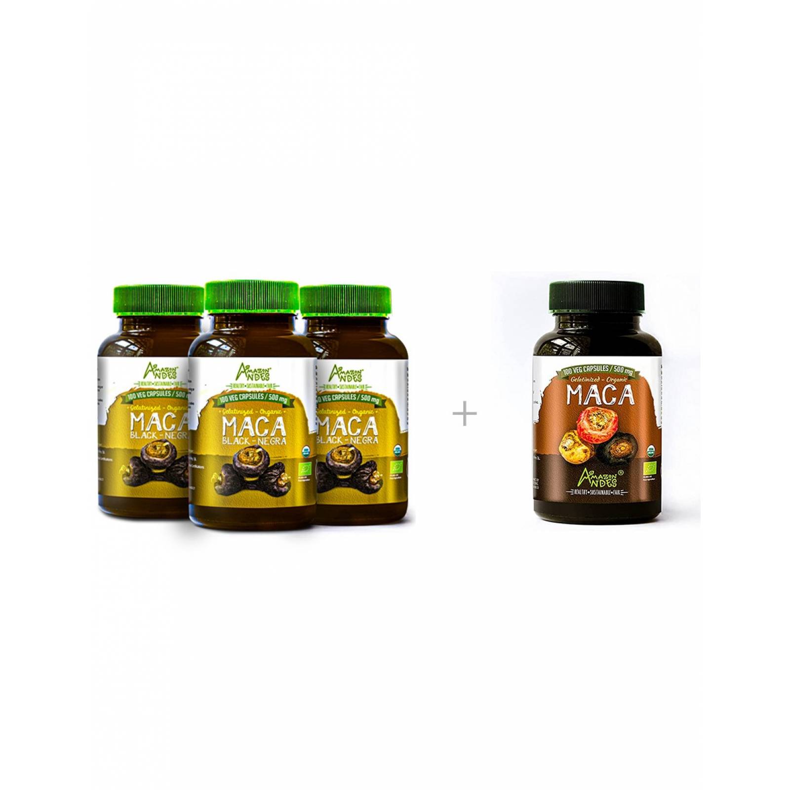 Kit Maca Negra Orgánica en Cápsulas (original de peru)  3 unidades + 1 Maca Mixta