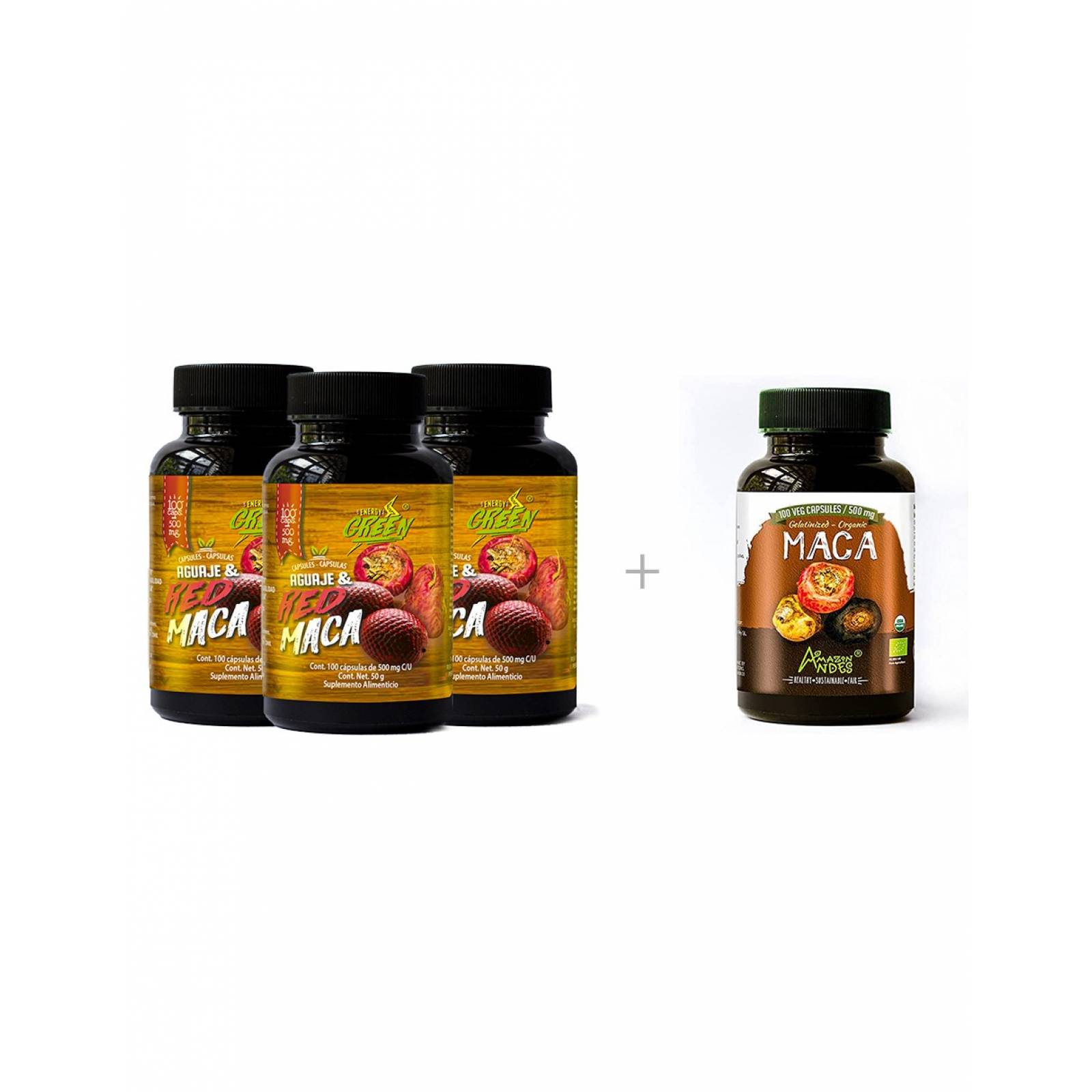 Suplemento/Aguaje-Maca roja Orgánico en Cápsulas 3 unidades + Maca Mixta
