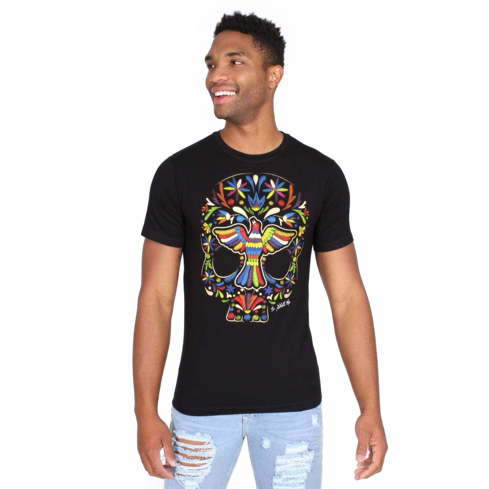 Playera Negra Caballero Calavera "Bordados Tenango"