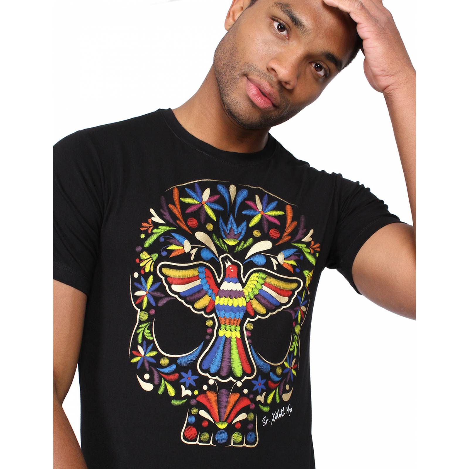 Playera Negra Caballero Calavera "Bordados Tenango"
