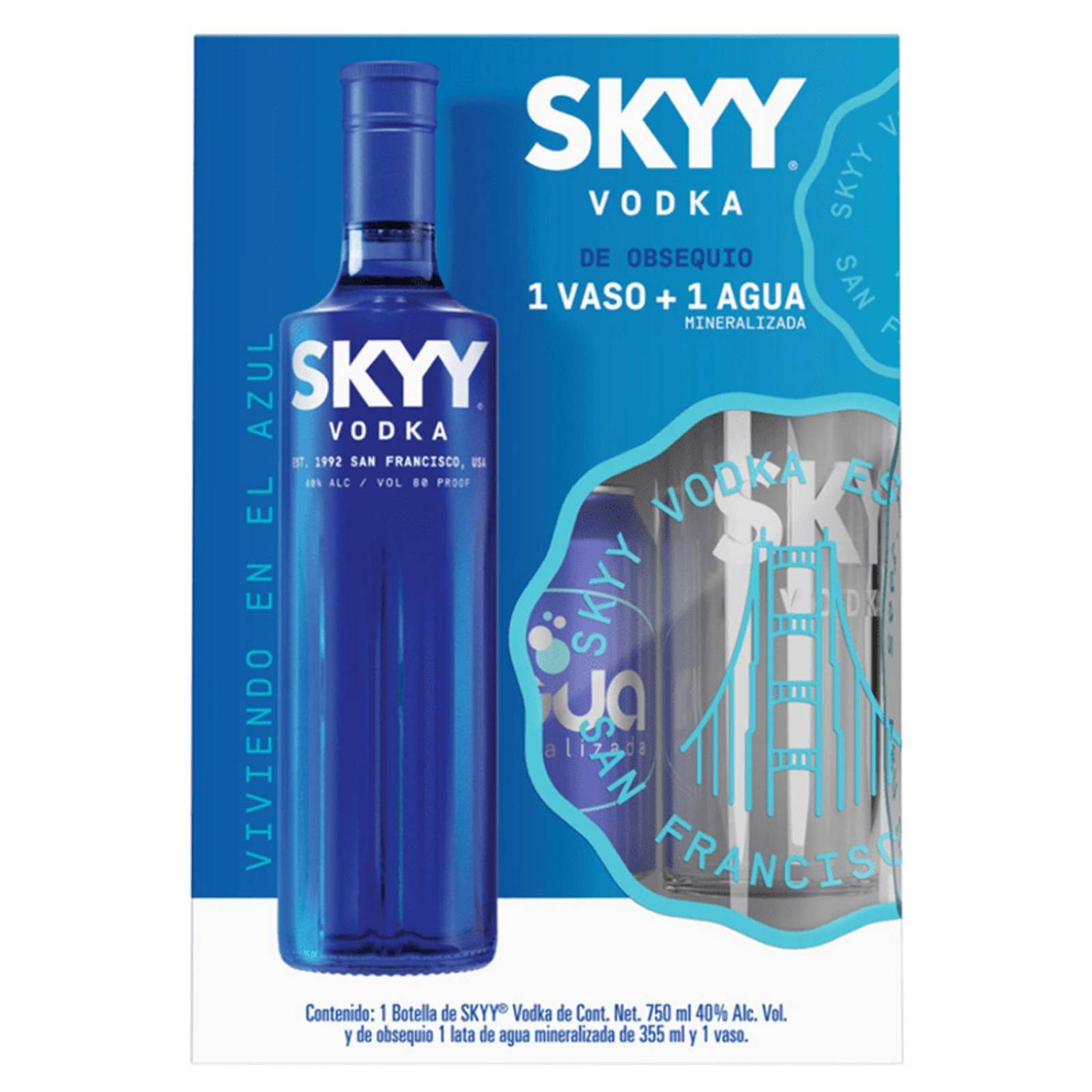 Vodka Skyy 750 ml + Vaso + Agua Mineral