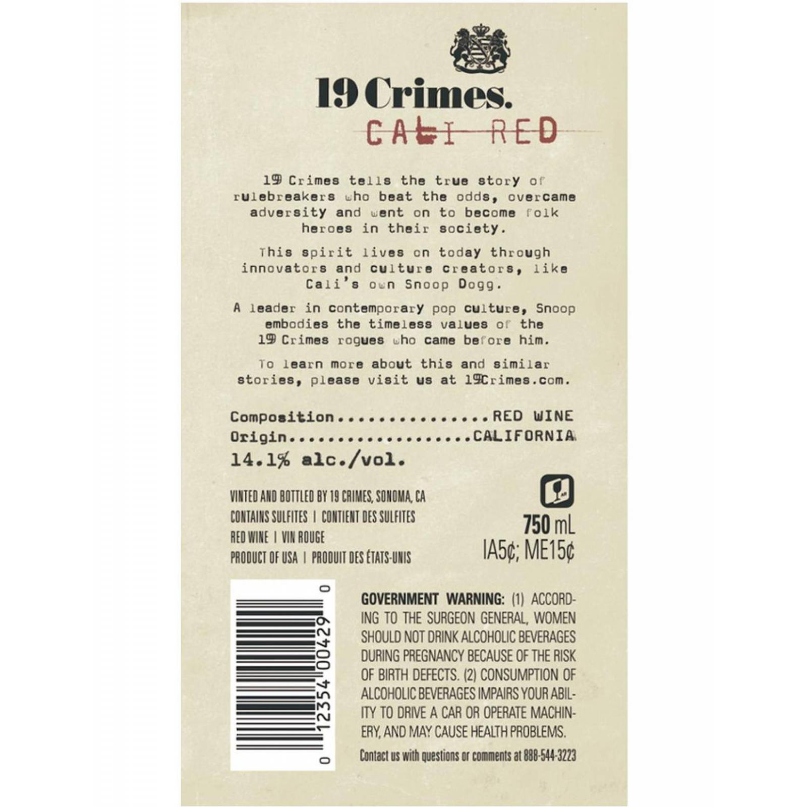 Vino Tinto 19 Crimes Snoop Dogg Cali Red 750 ml 