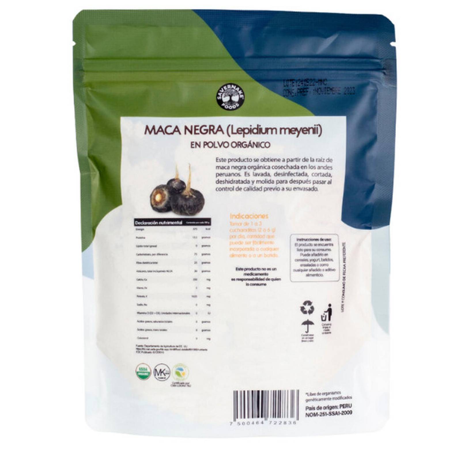 Maca Negra En Polvo Orgánica Savernake Foods Superfoods 250g 
