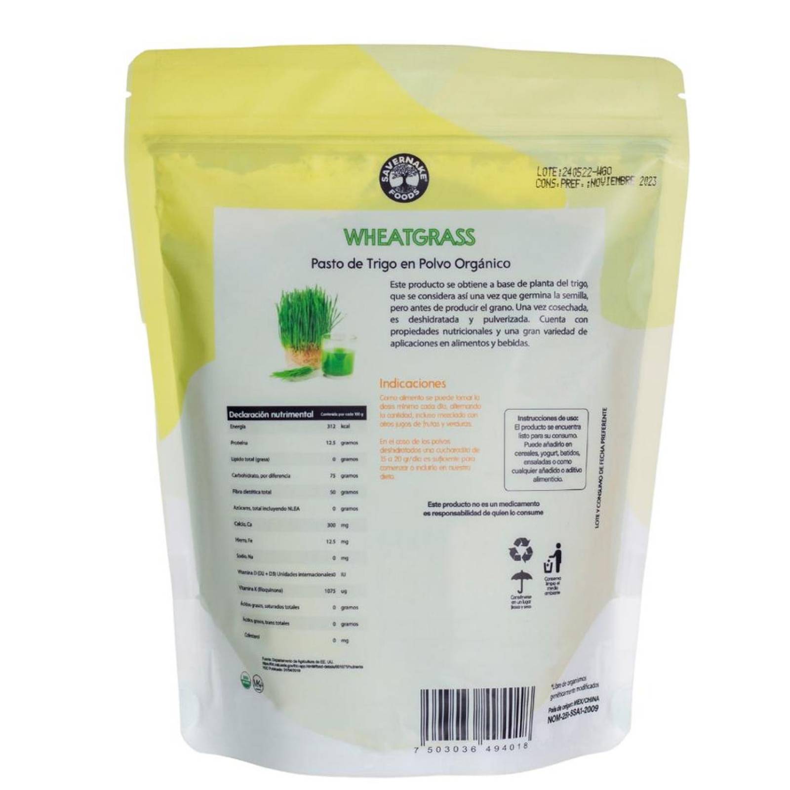 Pasto de Trigo Orgánico Savernake Foods Wheatgrass Superfoods 250g