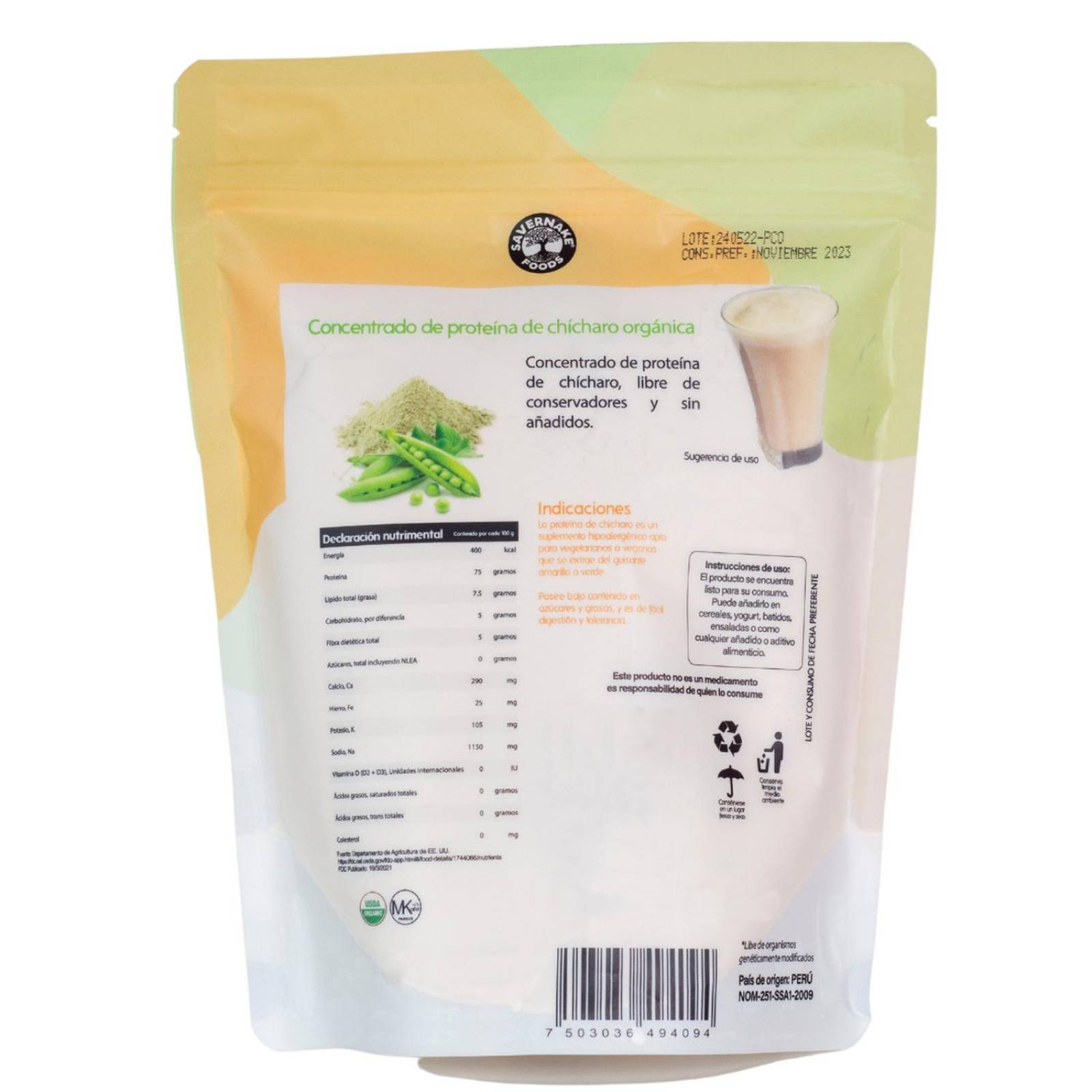 Proteína de Chícharo Orgánica en polvo Savernake Foods Superfoods 250g 