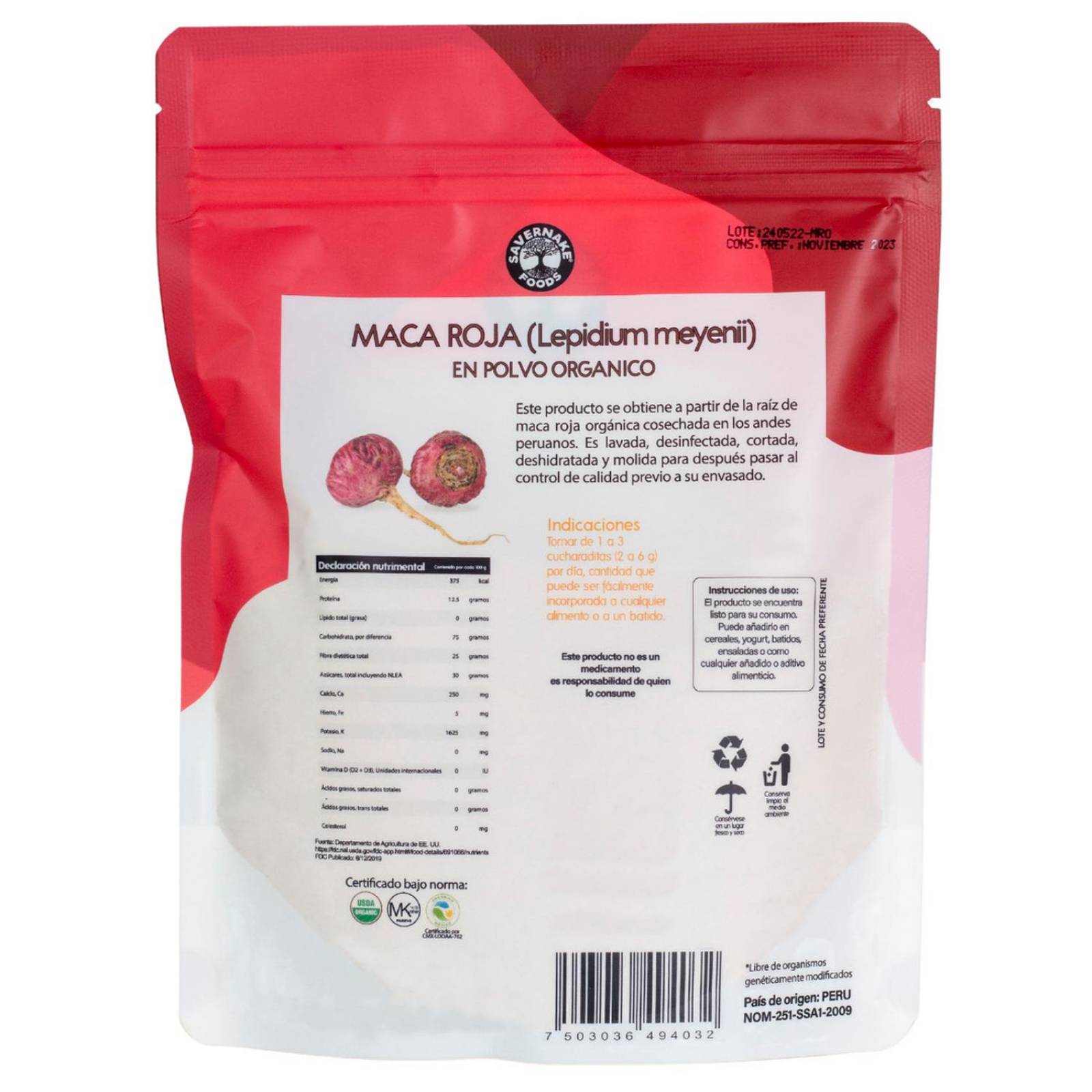 Maca Roja En Polvo Orgánica Savernake Foods Superfoods 250g 