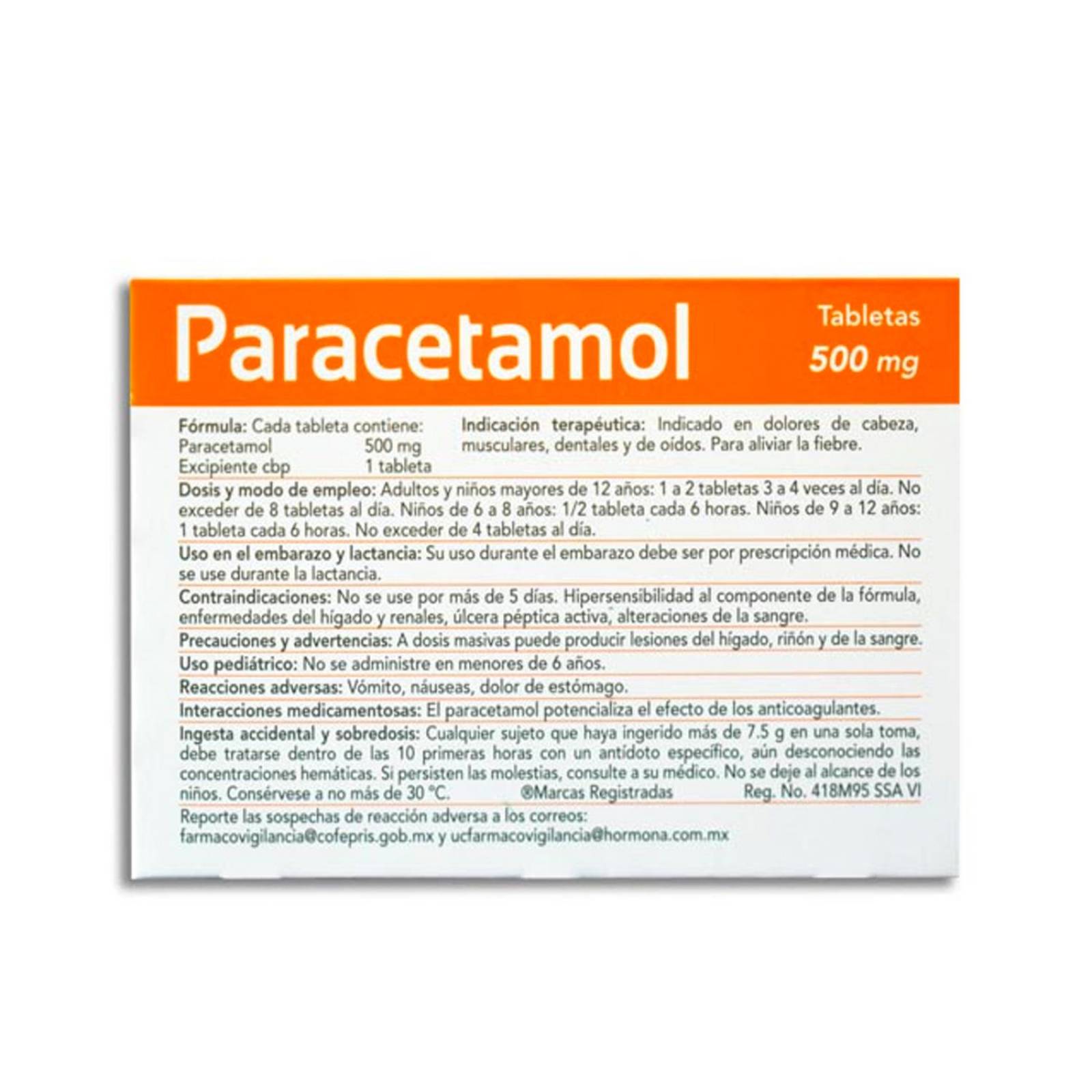 Paracetamol Hormona Laboratorios 10 Tabletas de 500 mg 