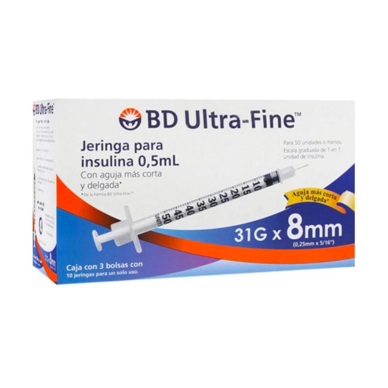 Jeringa para Insulina BD Ultra Fine 31Gx8mm 0.5 ml 30 piezas 