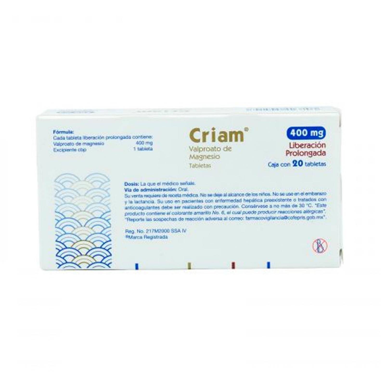 Valproato de Magnesio Criam 400 mg 20 tabletas 