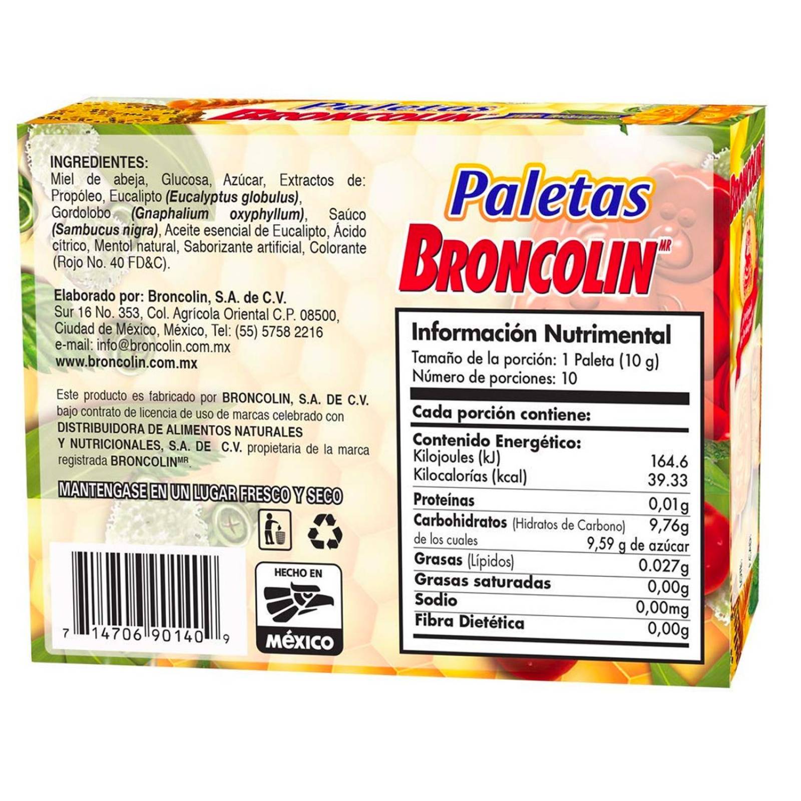 Paletas Broncolin Miel Limón 10 piezas 