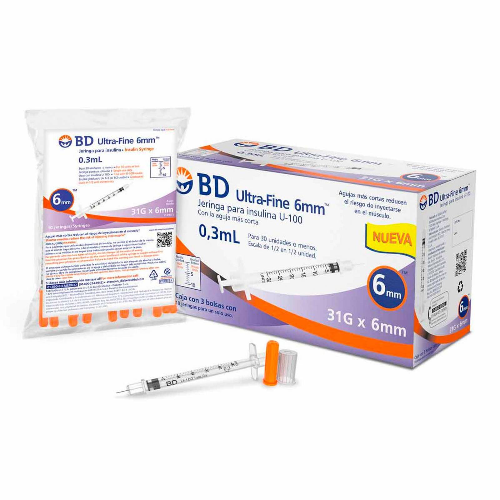 Jeringa para Insulina BD Ultra Fine 0.3ml 31Gx6mm 30 piezas 