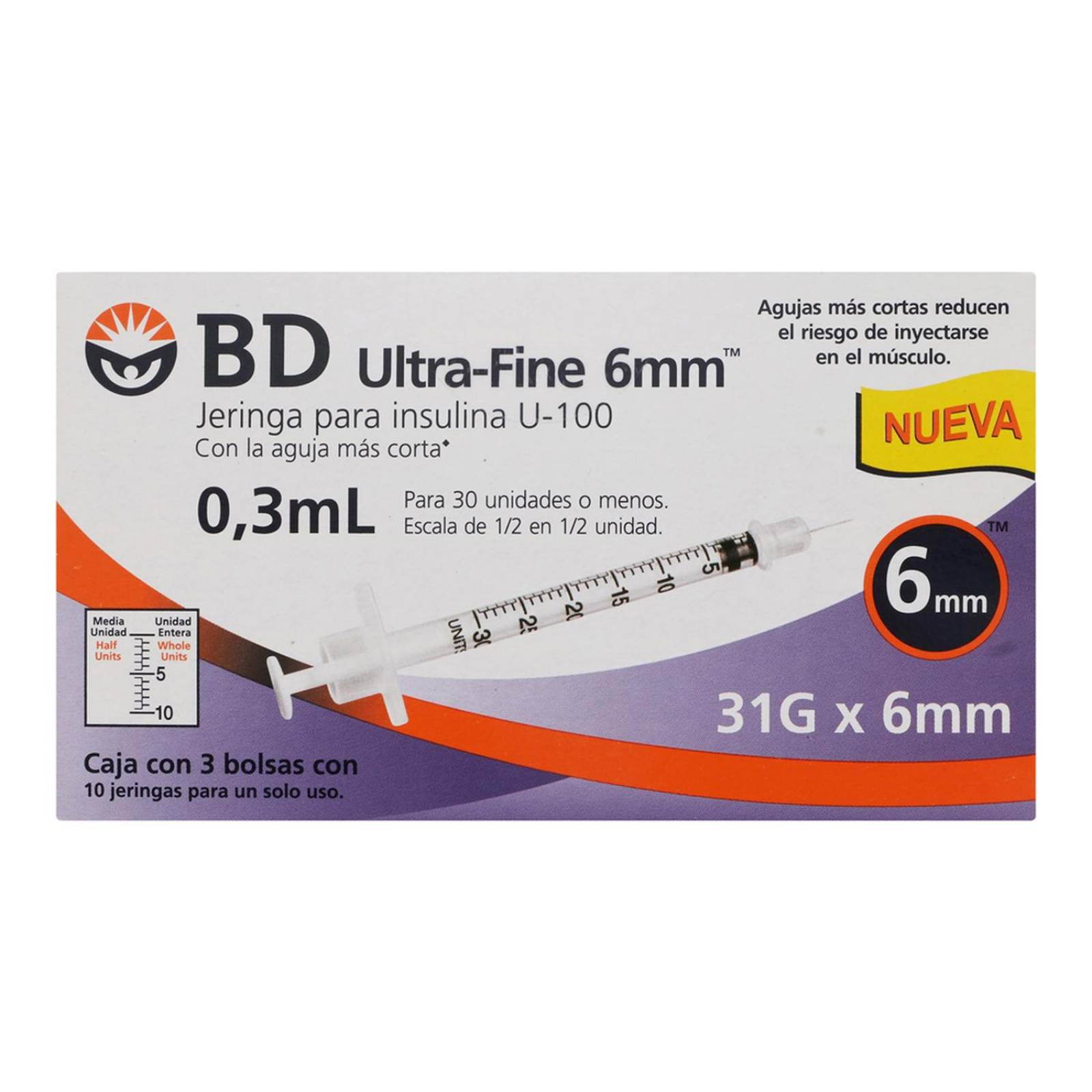 Jeringa para Insulina BD Ultra Fine 0.3ml 31Gx6mm 30 piezas 