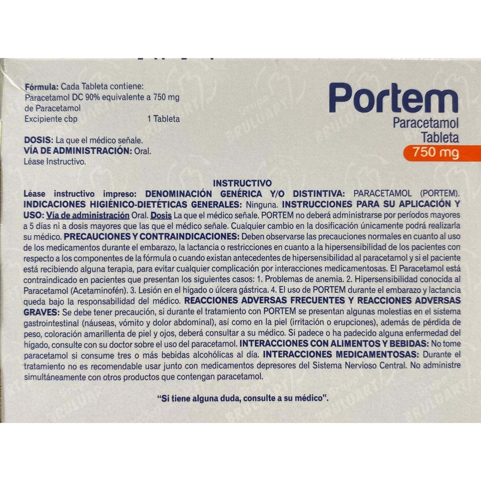 Paracetamol Portem 10 Tabletas de 750 mg