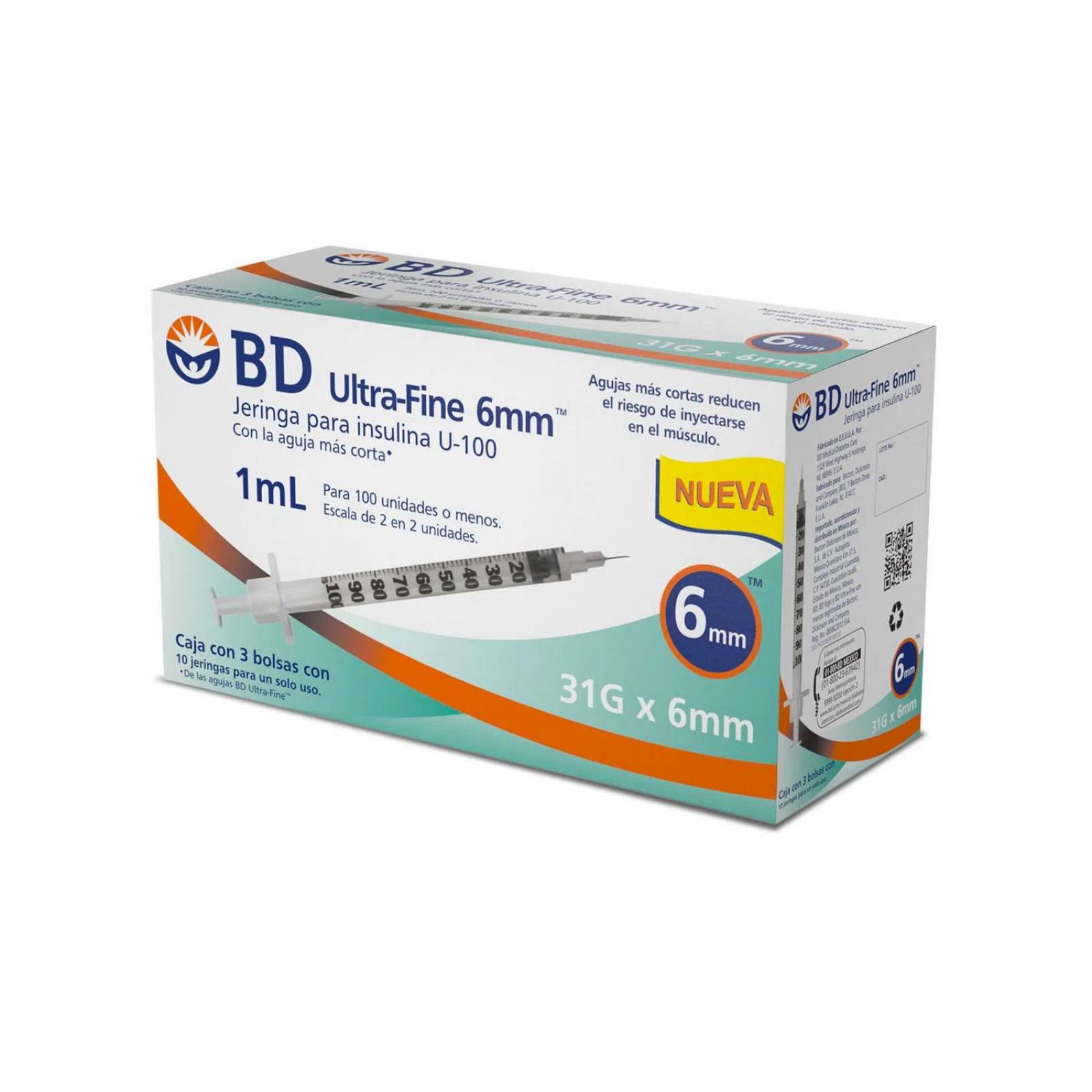 Jeringa para Insulina BD Ultra Fine 1 ml 31Gx6mm 30 piezas 