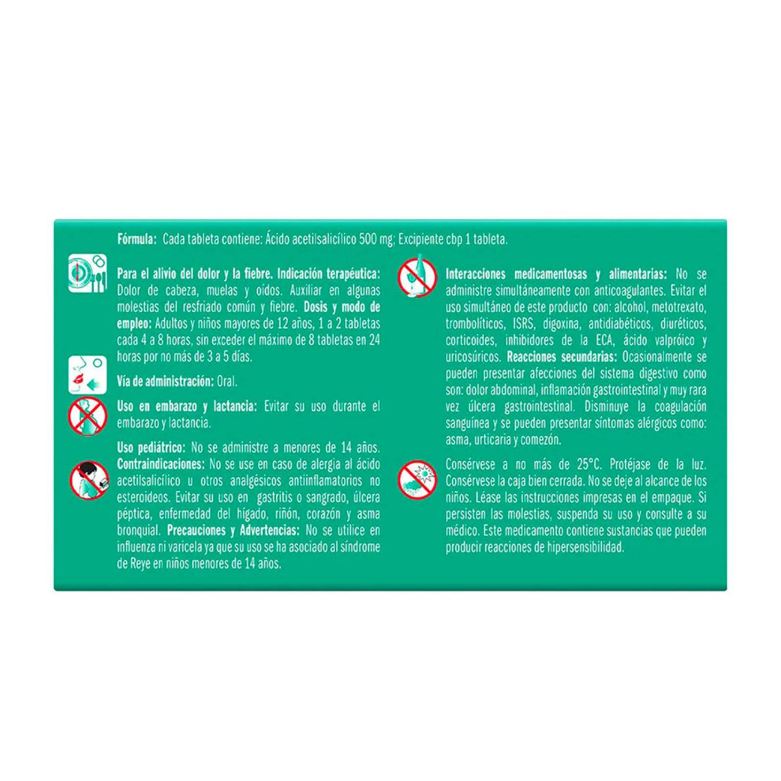 Ácido Acetilsalicílico Aspirina 20 Tabletas de 500 mg 