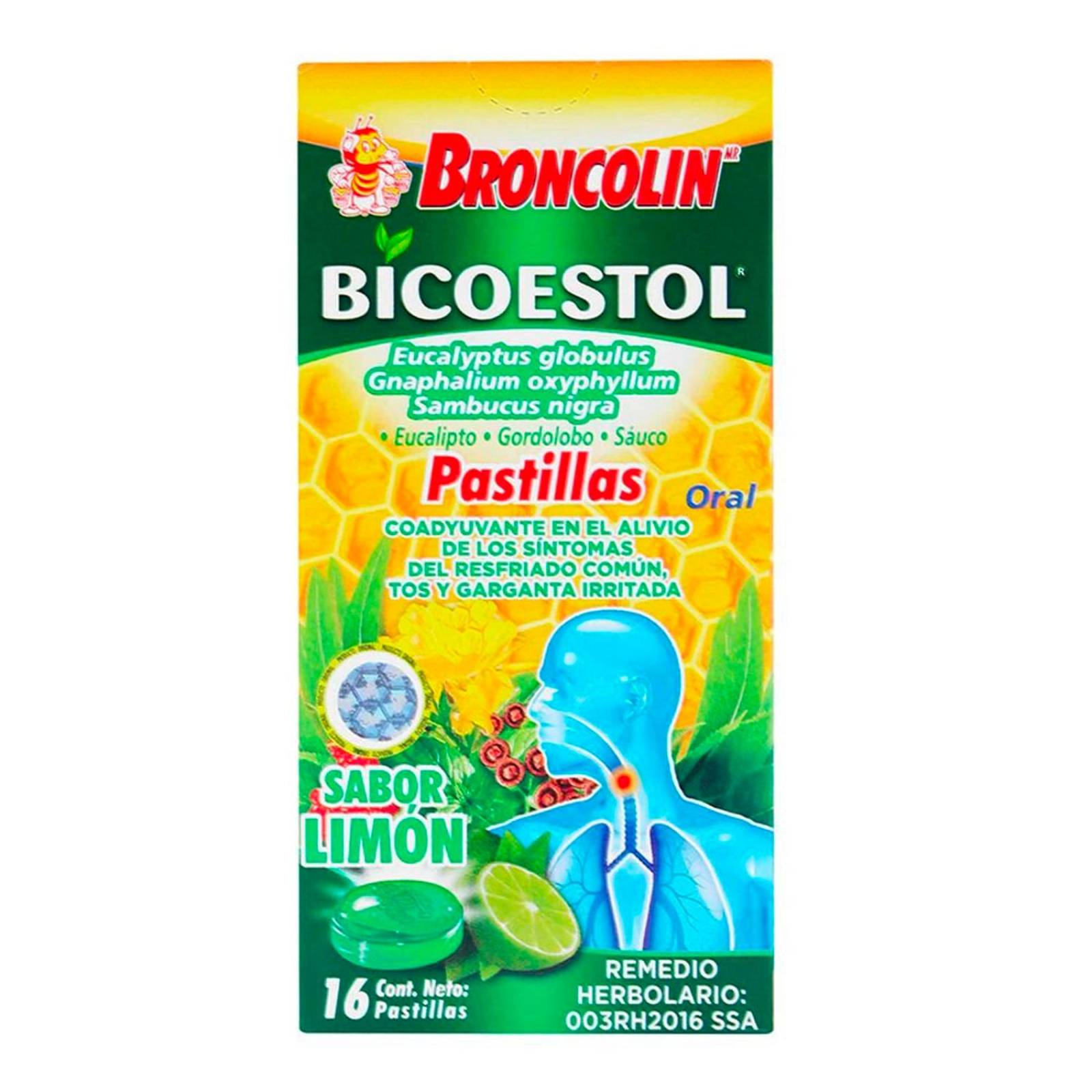 Pastillas Broncolin Bicoestol Sabor Limón 16 piezas 