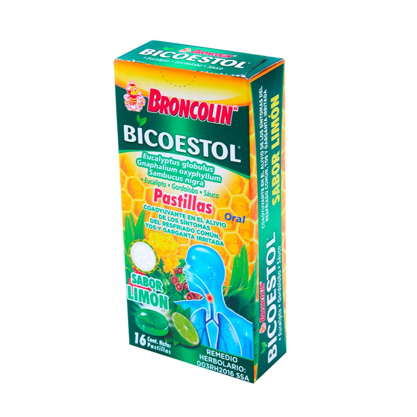 Pastillas Broncolin Bicoestol Sabor Limón 16 piezas 