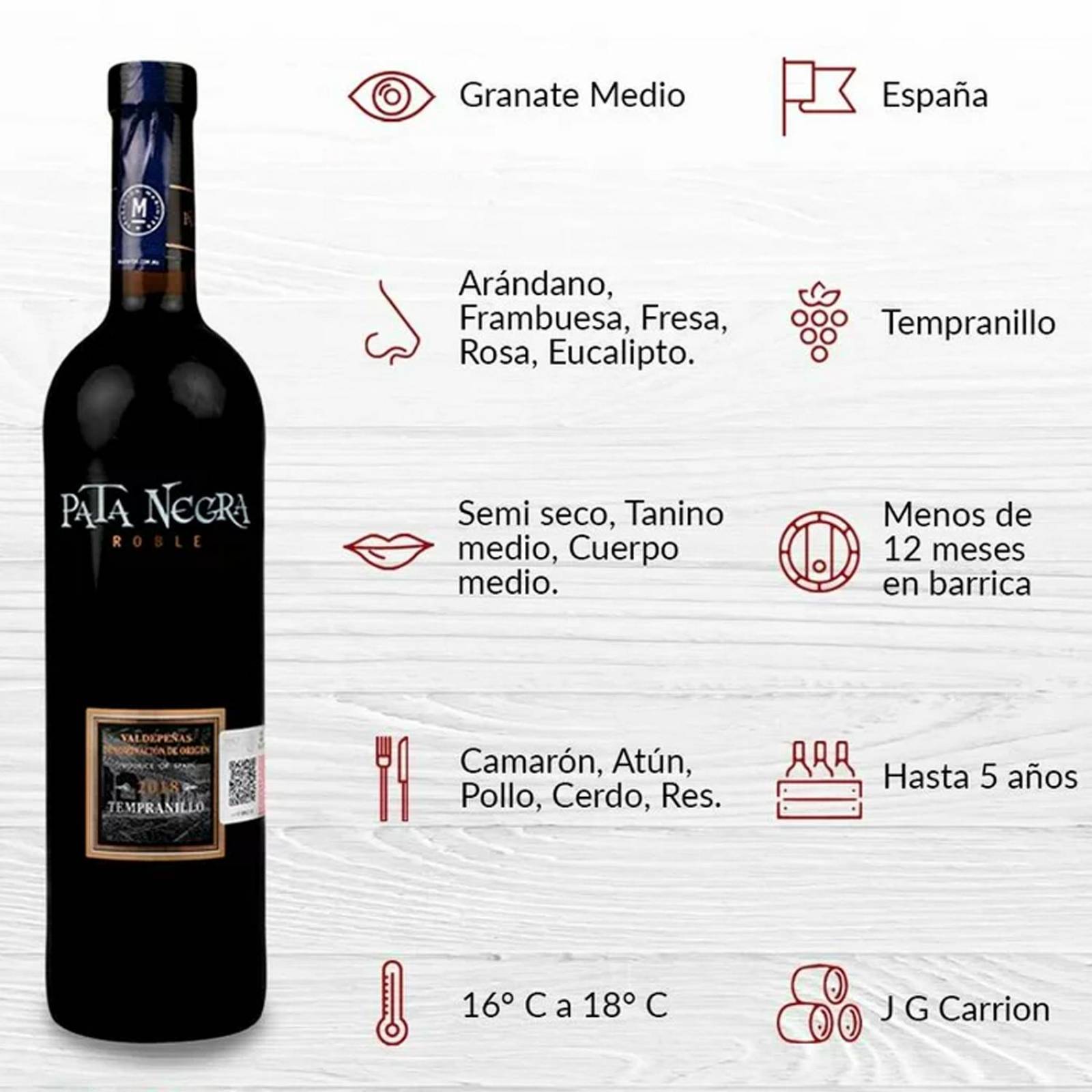 Vino Tinto Pata Negra Tempranillo Roble 750 ml 