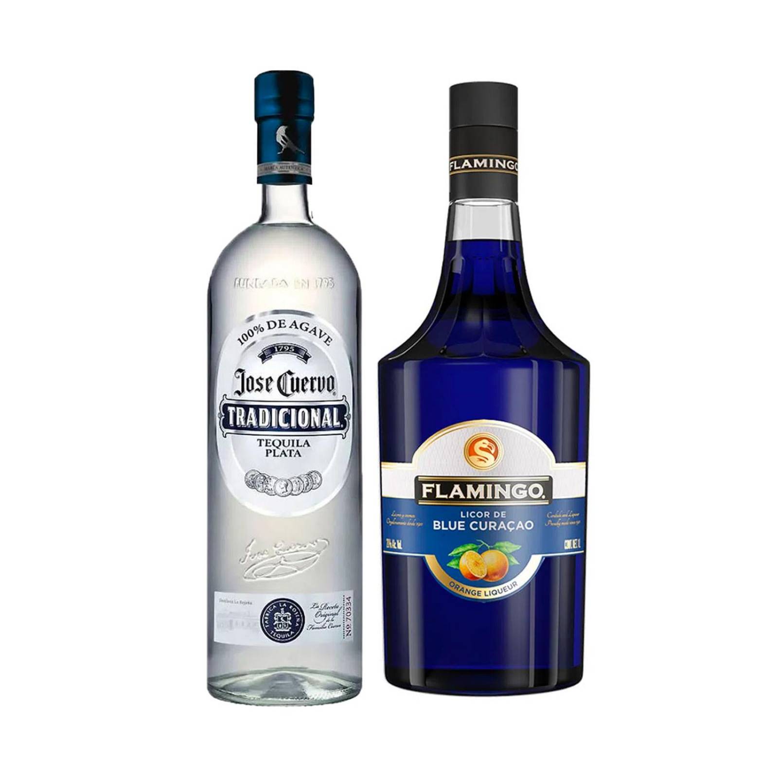 Tequila Jose Cuervo Tradicional Plata 950 ml + Licor Flamingo Blue Curacao 1 L 
