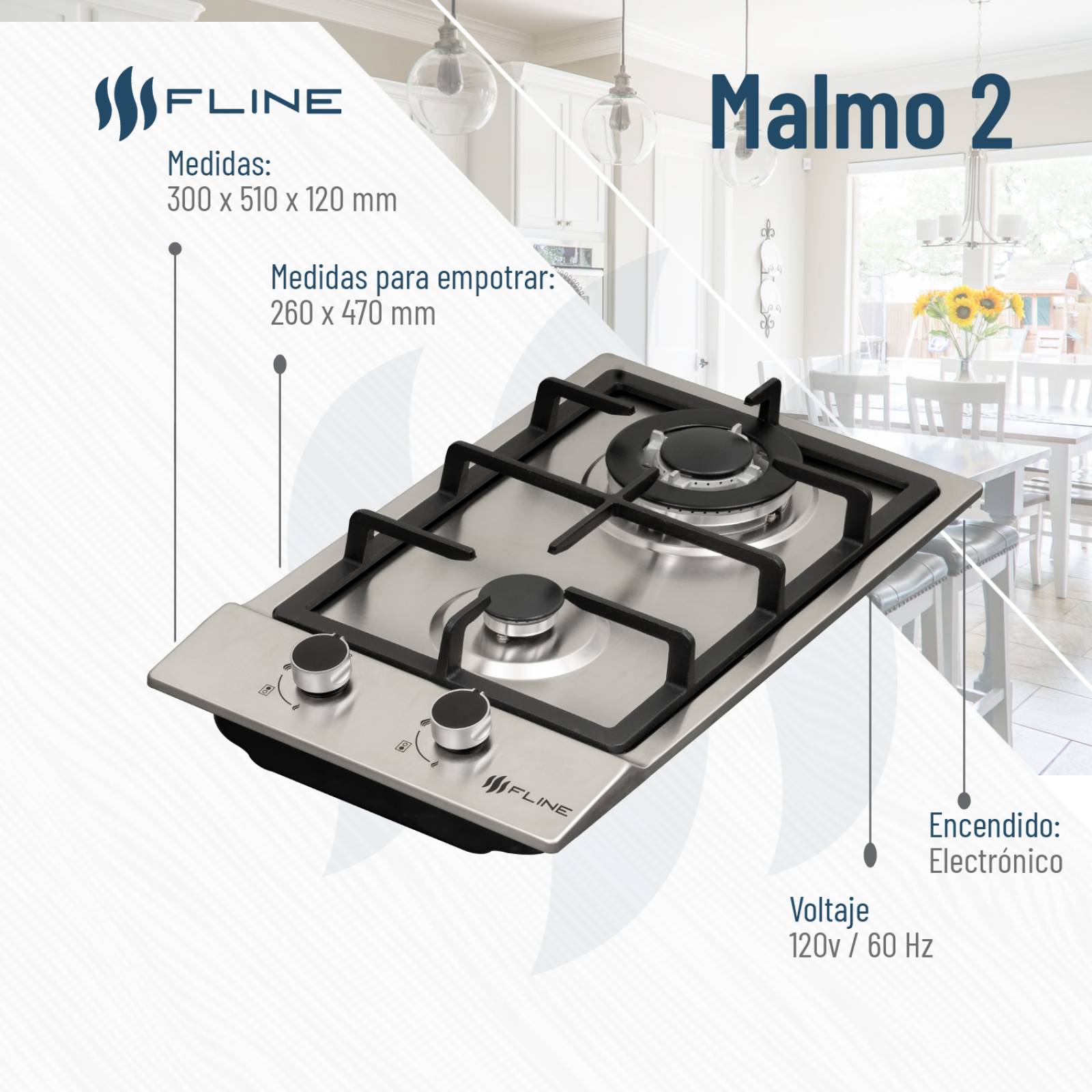 Parrilla de Gas Empotrable 2 Quemadores Acero inoxidable | Malmo 2 | FLINE 