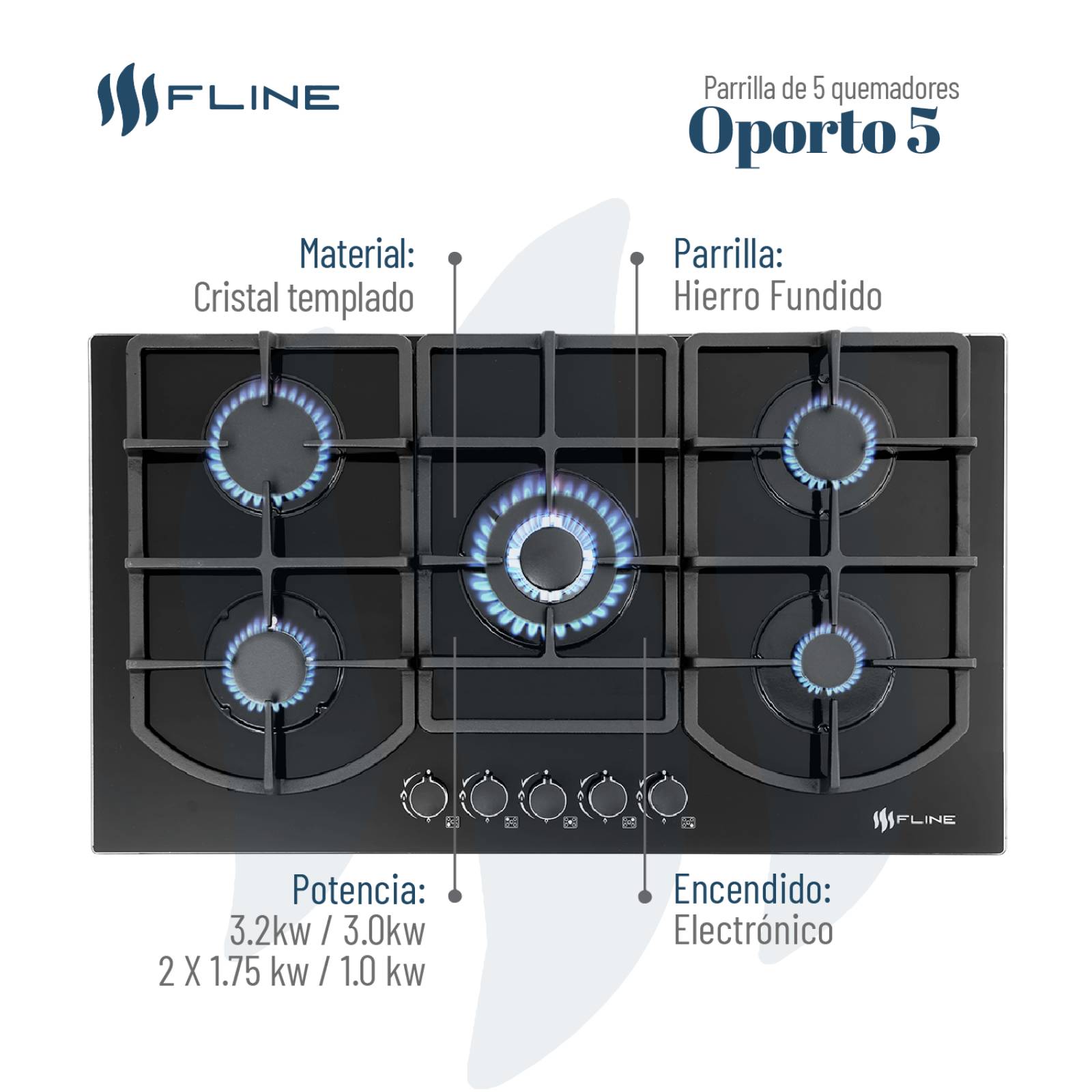 Parrilla de gas empotrable Fline Oporto 5 vidrio templado 90 cm 