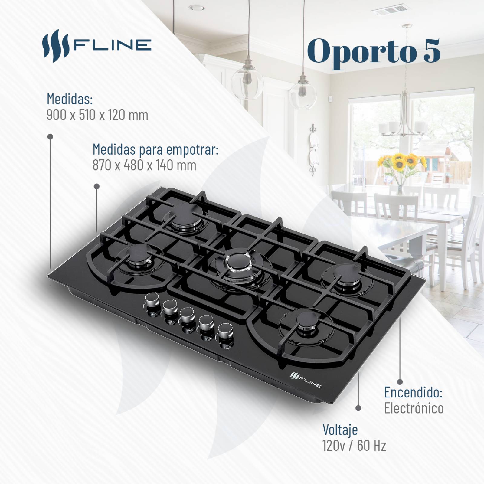 Parrilla de gas empotrable Fline Oporto 5 vidrio templado 90 cm 