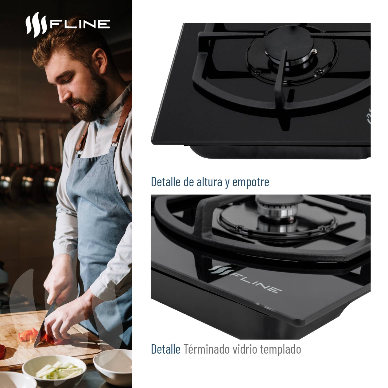 Parrilla de gas empotrable Fline Oporto 5 vidrio templado 90 cm 