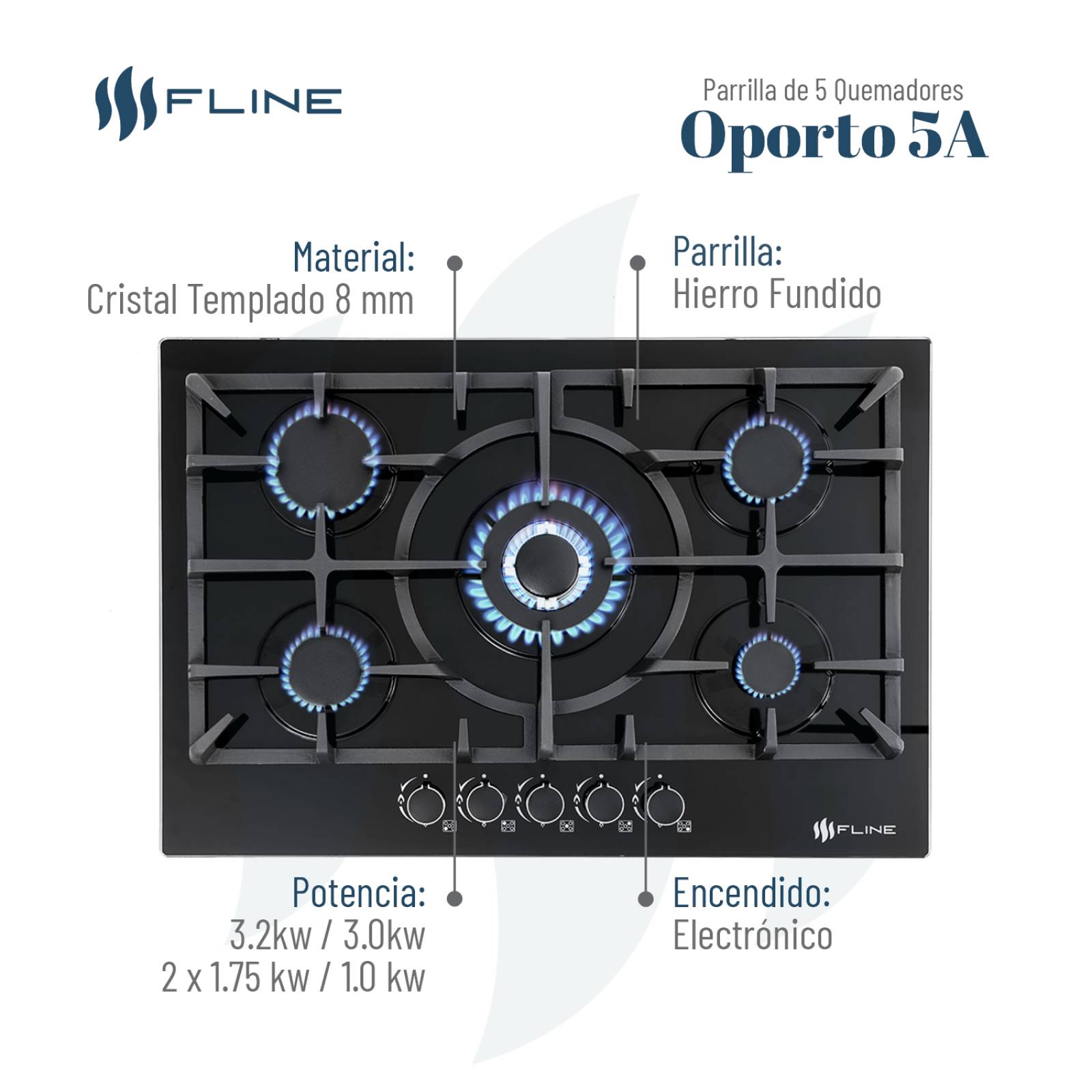 Parrilla de gas empotrable Fline Oporto 5A vidrio templado 76 cm 