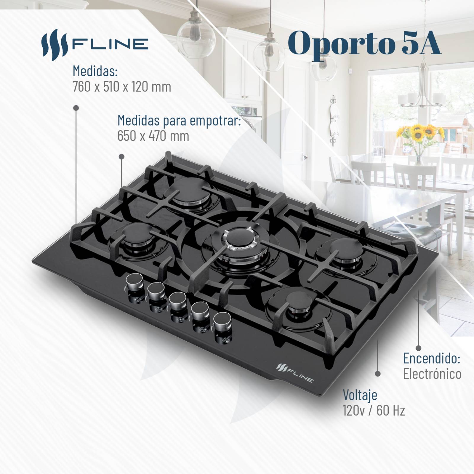 Parrilla de gas empotrable Fline Oporto 5A vidrio templado 76 cm 