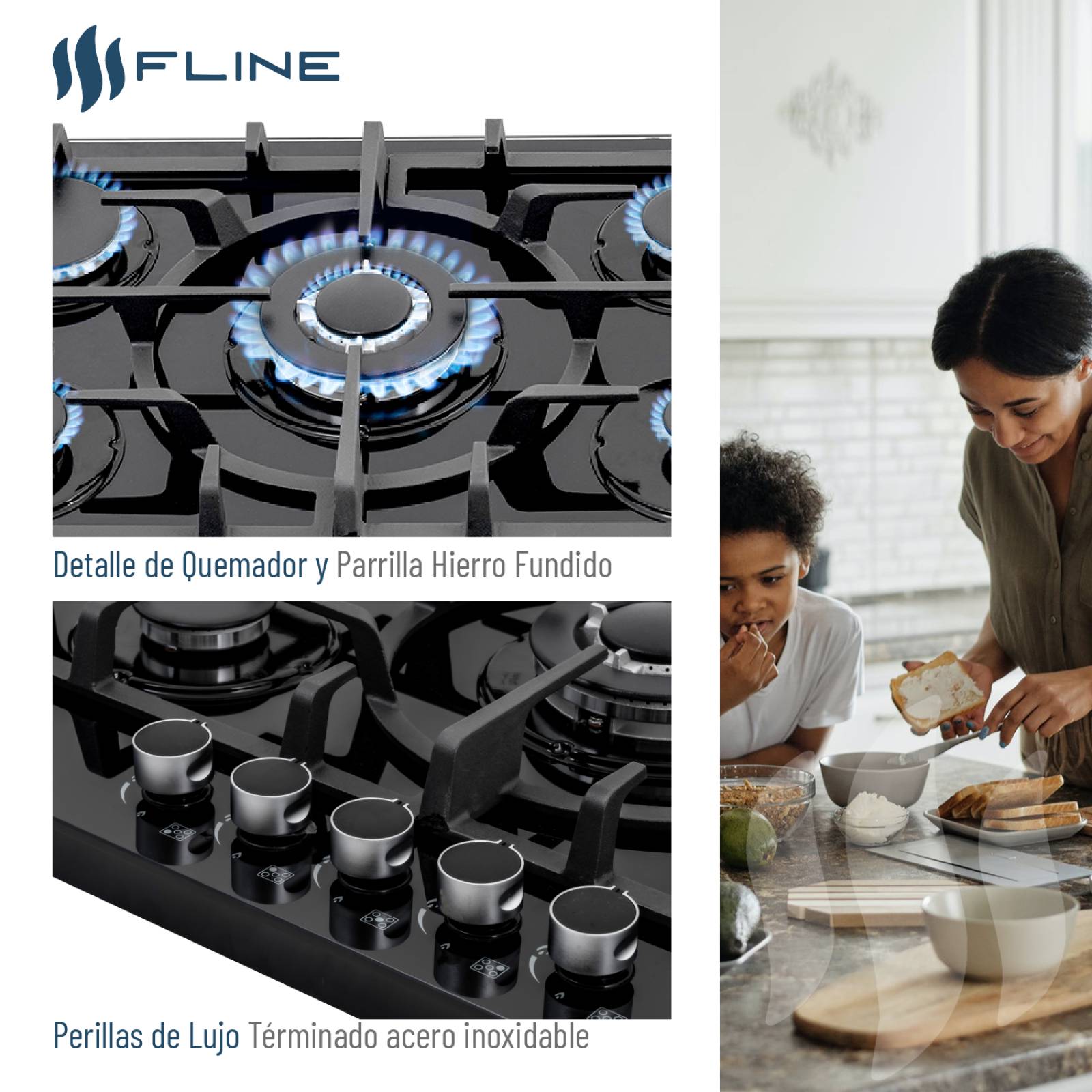 Parrilla de gas empotrable Fline Oporto 5A vidrio templado 76 cm 