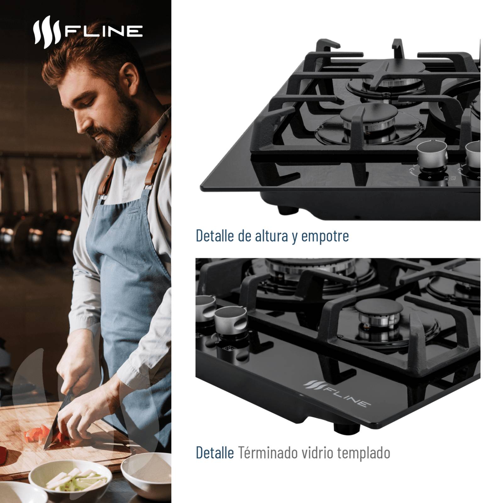 Parrilla de gas empotrable Fline Oporto 5A vidrio templado 76 cm 