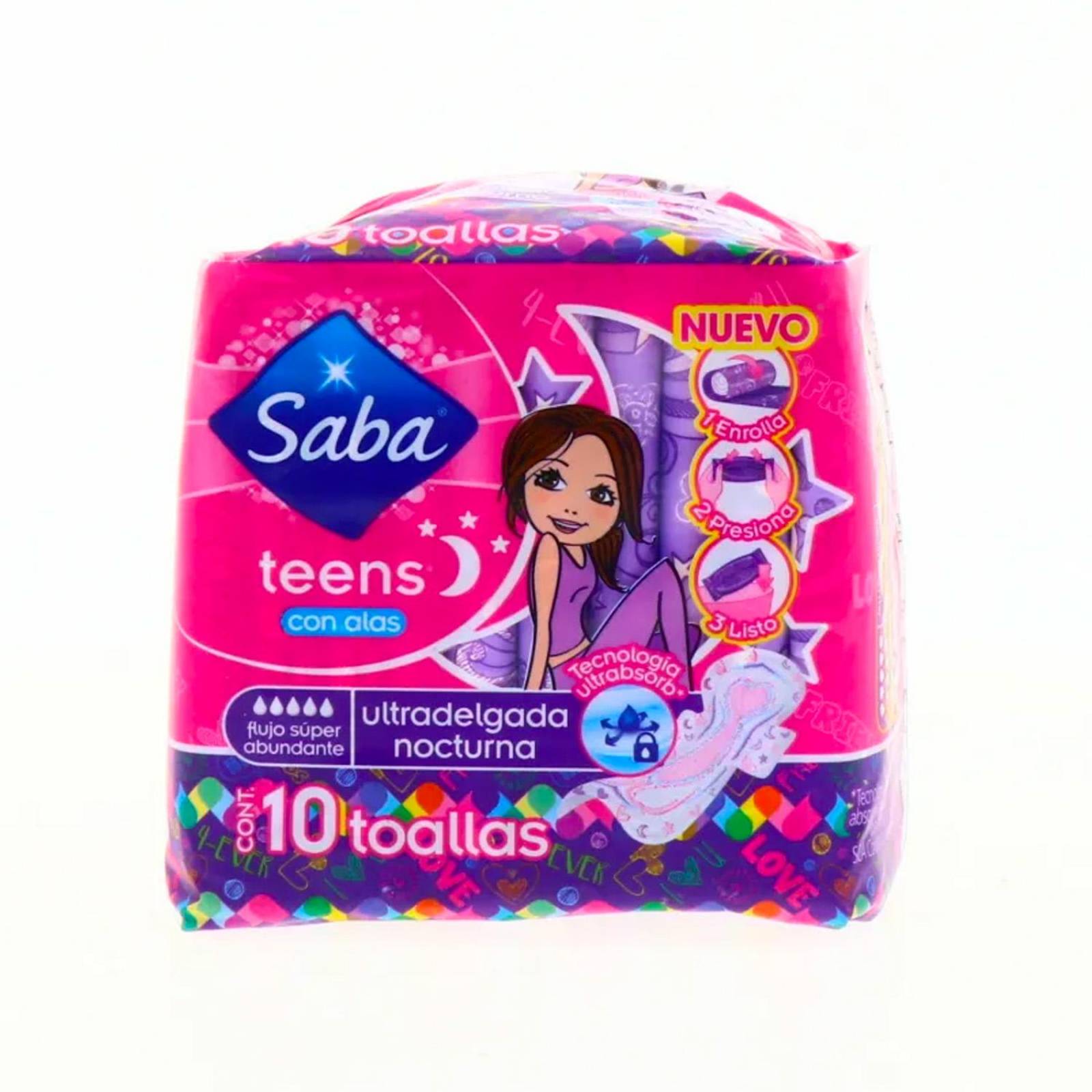 Toallas Femeninas Saba Ultradelgada Nocturna C/Alas 10 pzs 