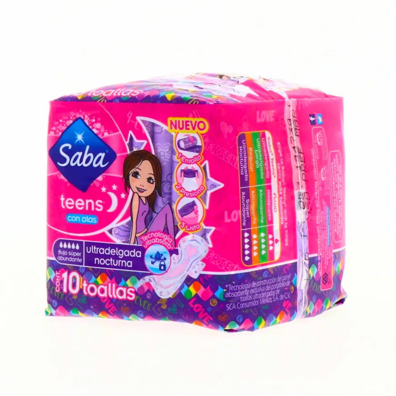 Toallas Femeninas Saba Ultradelgada Nocturna C/Alas 10 pzs 