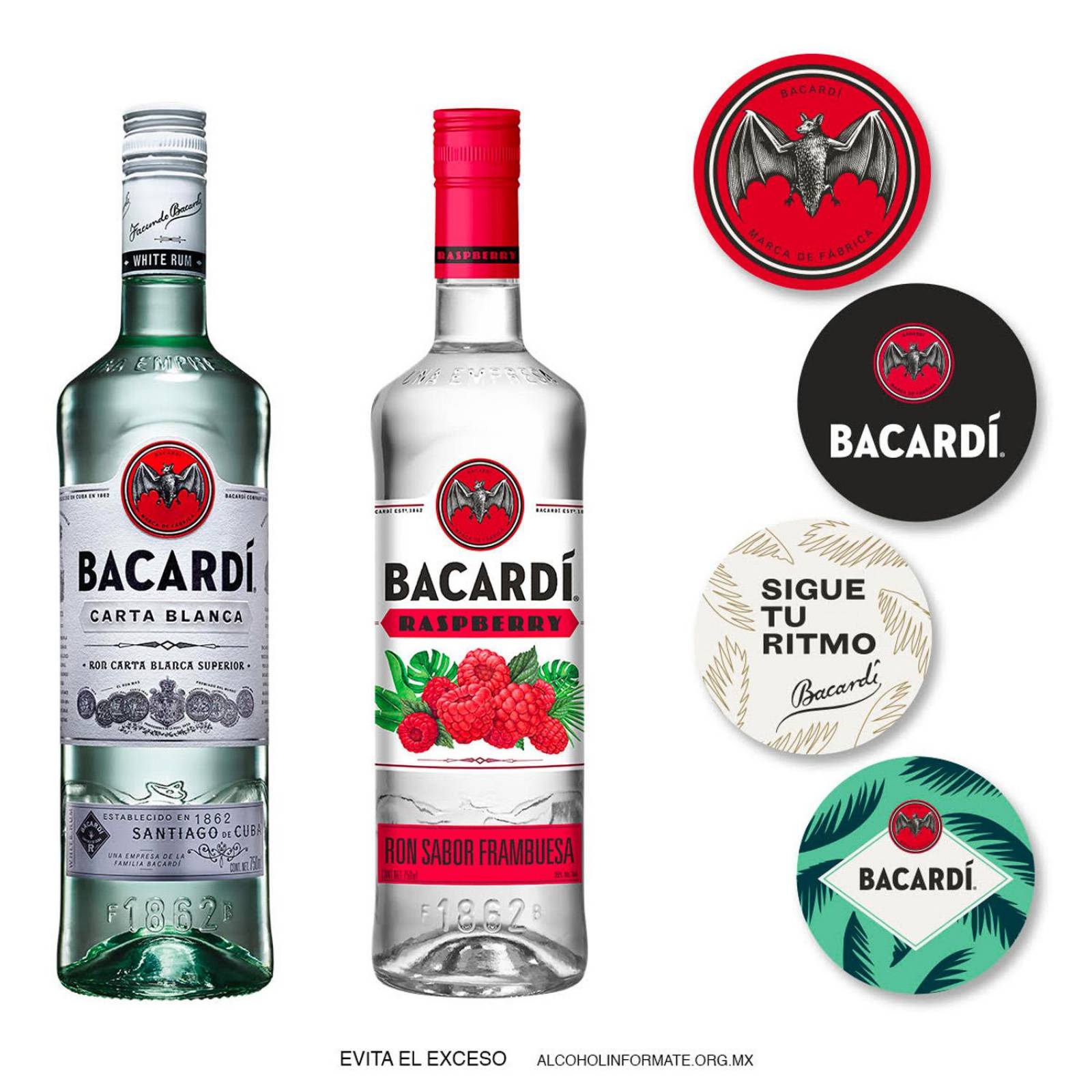 Ron Bacardí Carta Blanca 750 ml + Razz 750 ml + 4 Coasters 