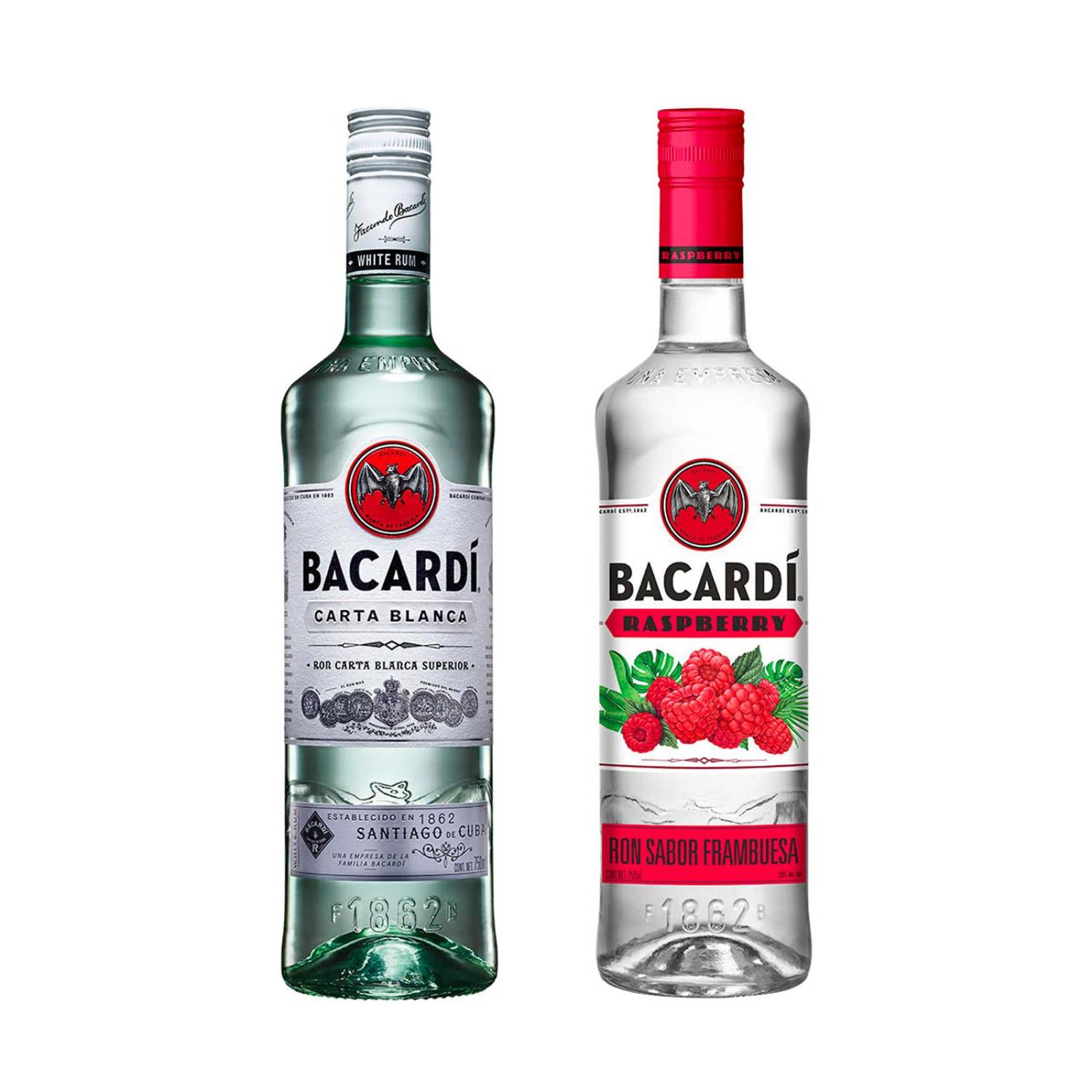 Ron Bacardí Carta Blanca 750 ml + Razz 750 ml + 4 Coasters 