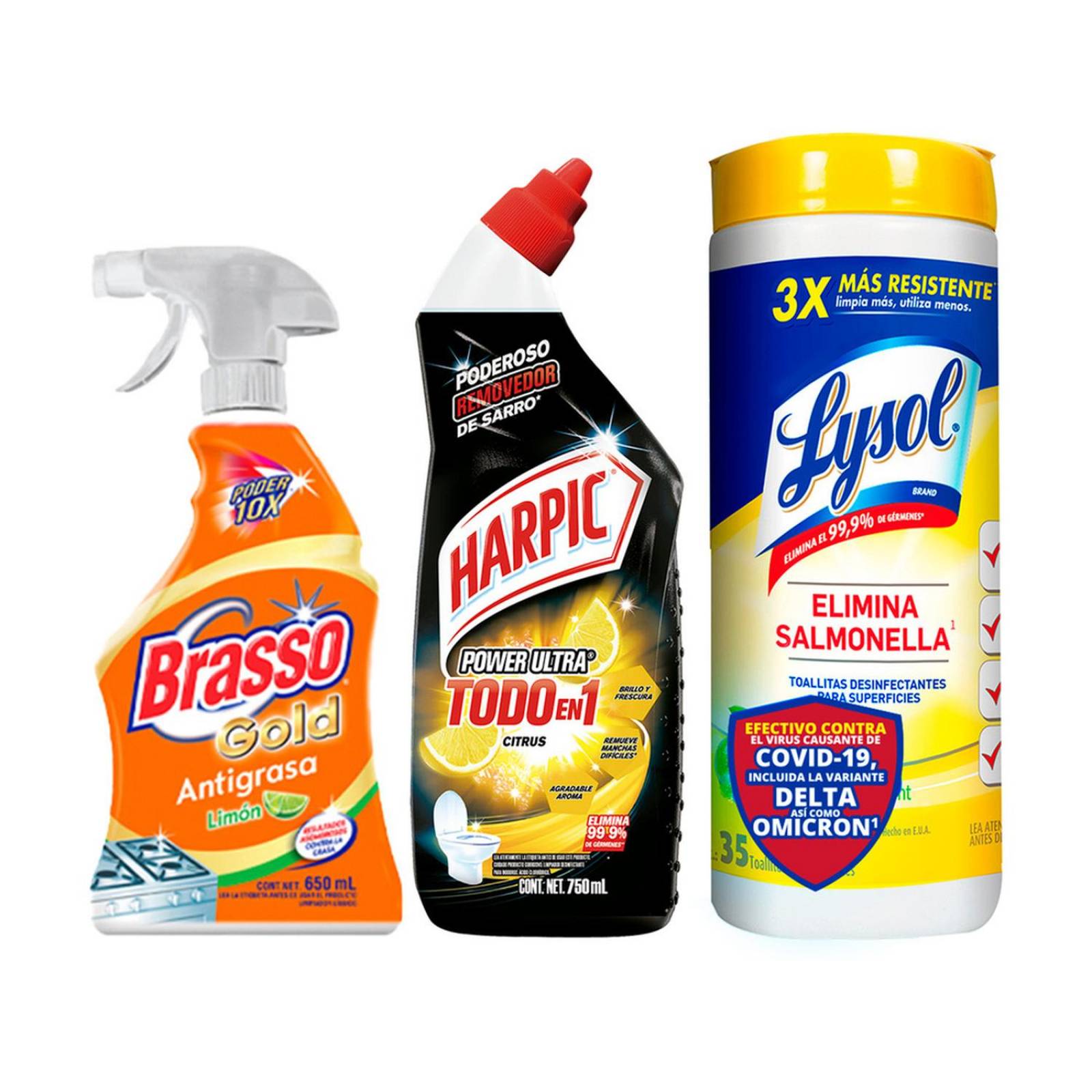 Pack Limpieza Cocina Brasso + Toallitas Lysol + Harpic Baños 