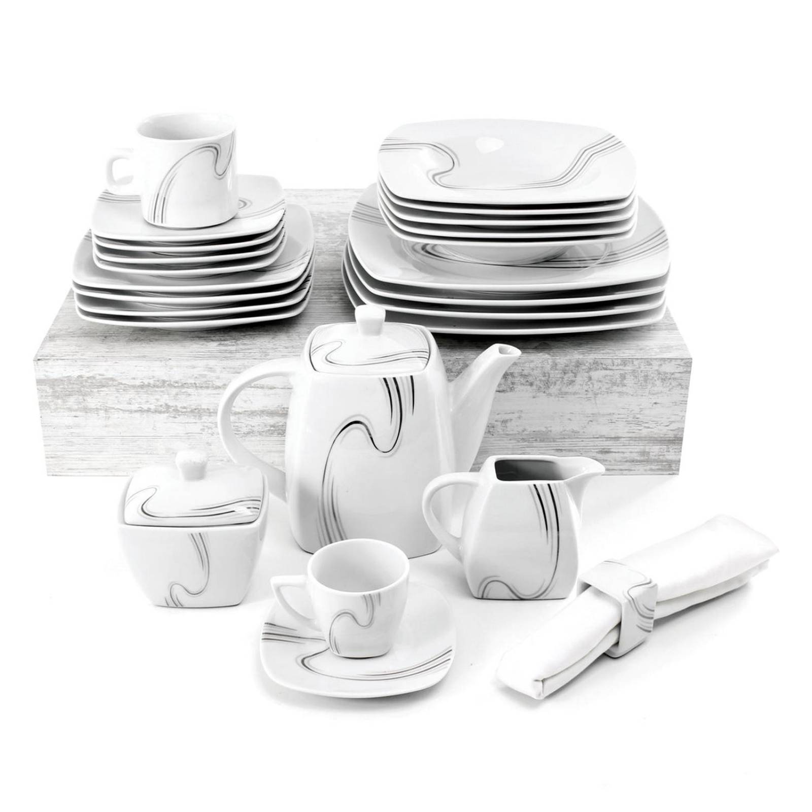 VAJILLA PORCELANA FREDA BLANCO/PLATEADO 86 PZS 8 PERSONAS, 86 PZS