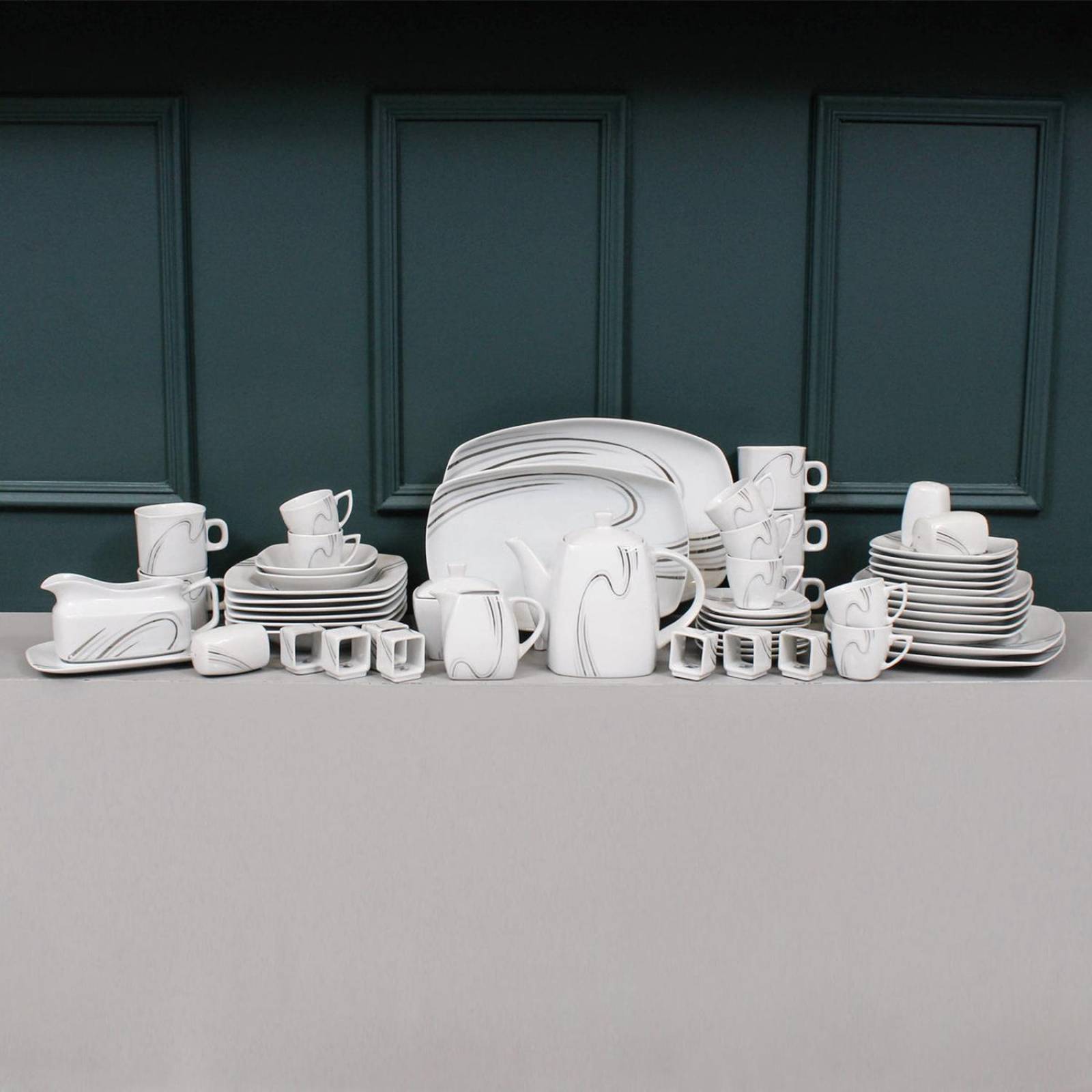 VAJILLA PORCELANA FREDA BLANCO/PLATEADO 86 PZS 8 PERSONAS, 86 PZS