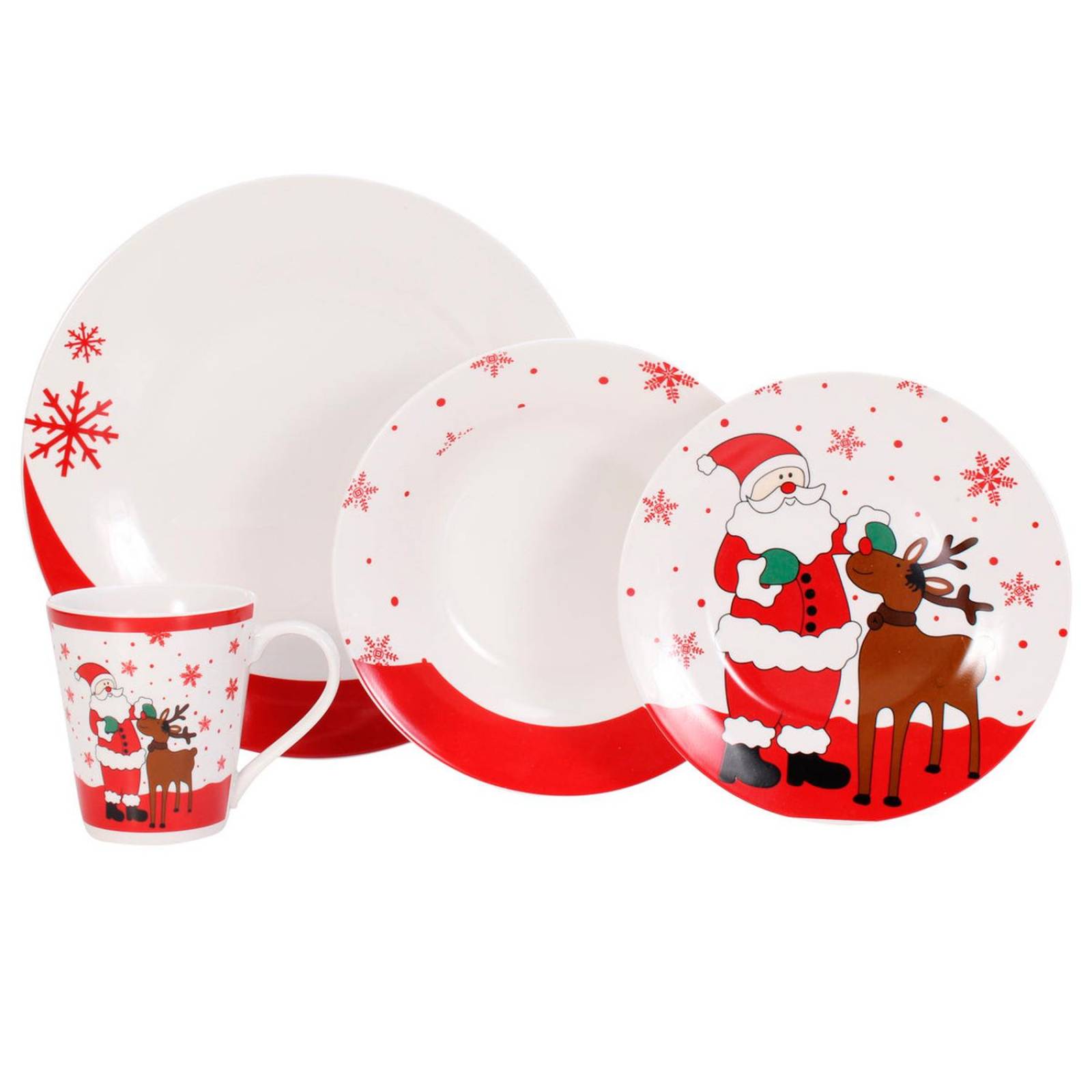 VAJILLA NAVIDAD PORCELANA RUDOLF BLANCO/ROJO/VERDE 16 PZS 