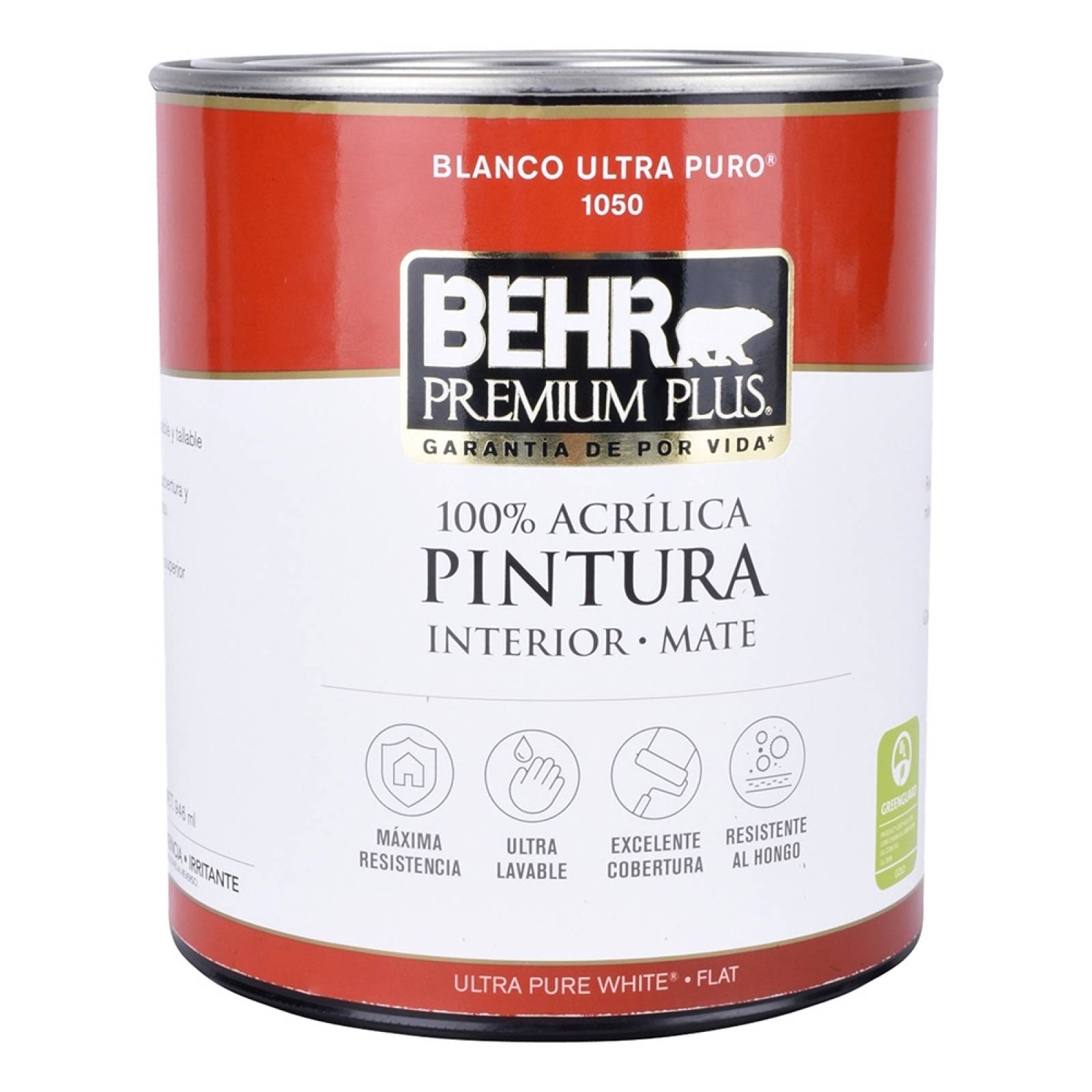 Pintura 100% acrílica para interior behr premium plus de 946 mililitros mate