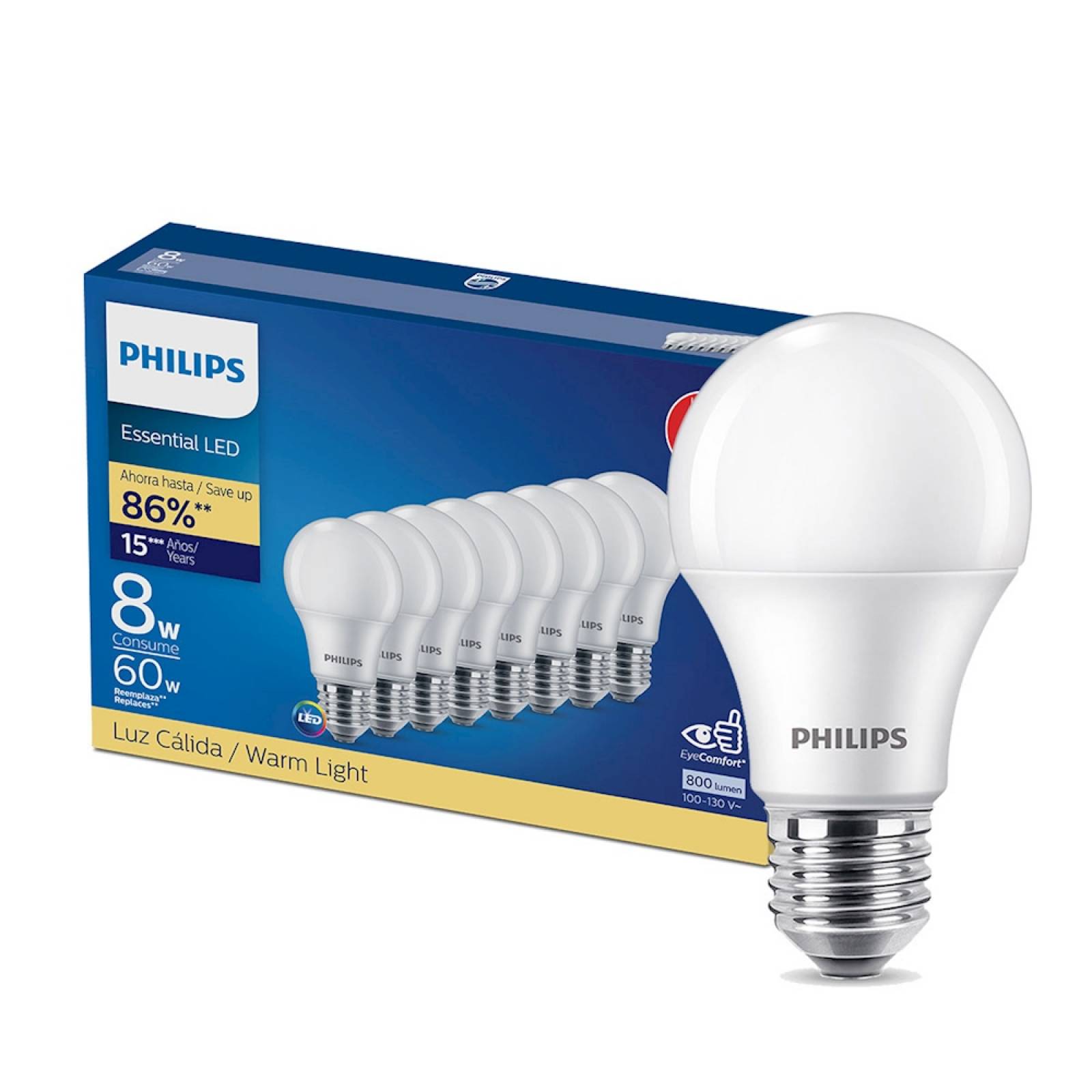 Foco led a19 8w(60w) luz cálida 8 piezas