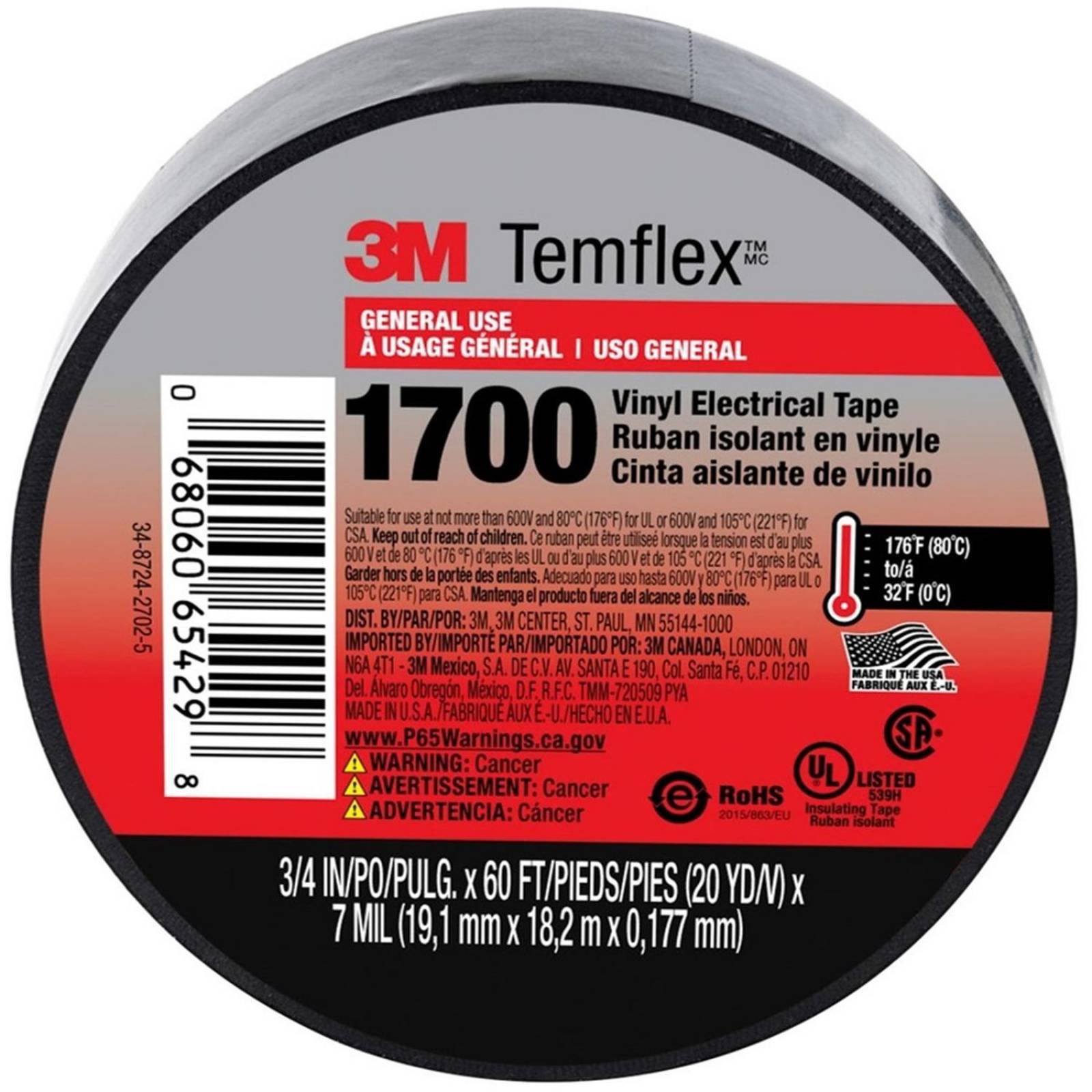 Cinta aislante negro 1.91 cm x 18.2 m x 0.17 mm 3m 