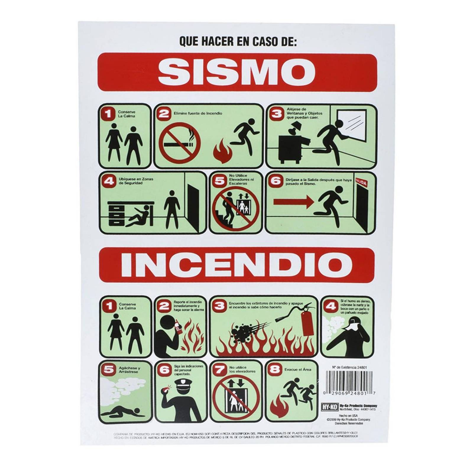 Letrero qué hacer en caso de sismo/incendio" de 21.6 x 30.5 cm multicolor 