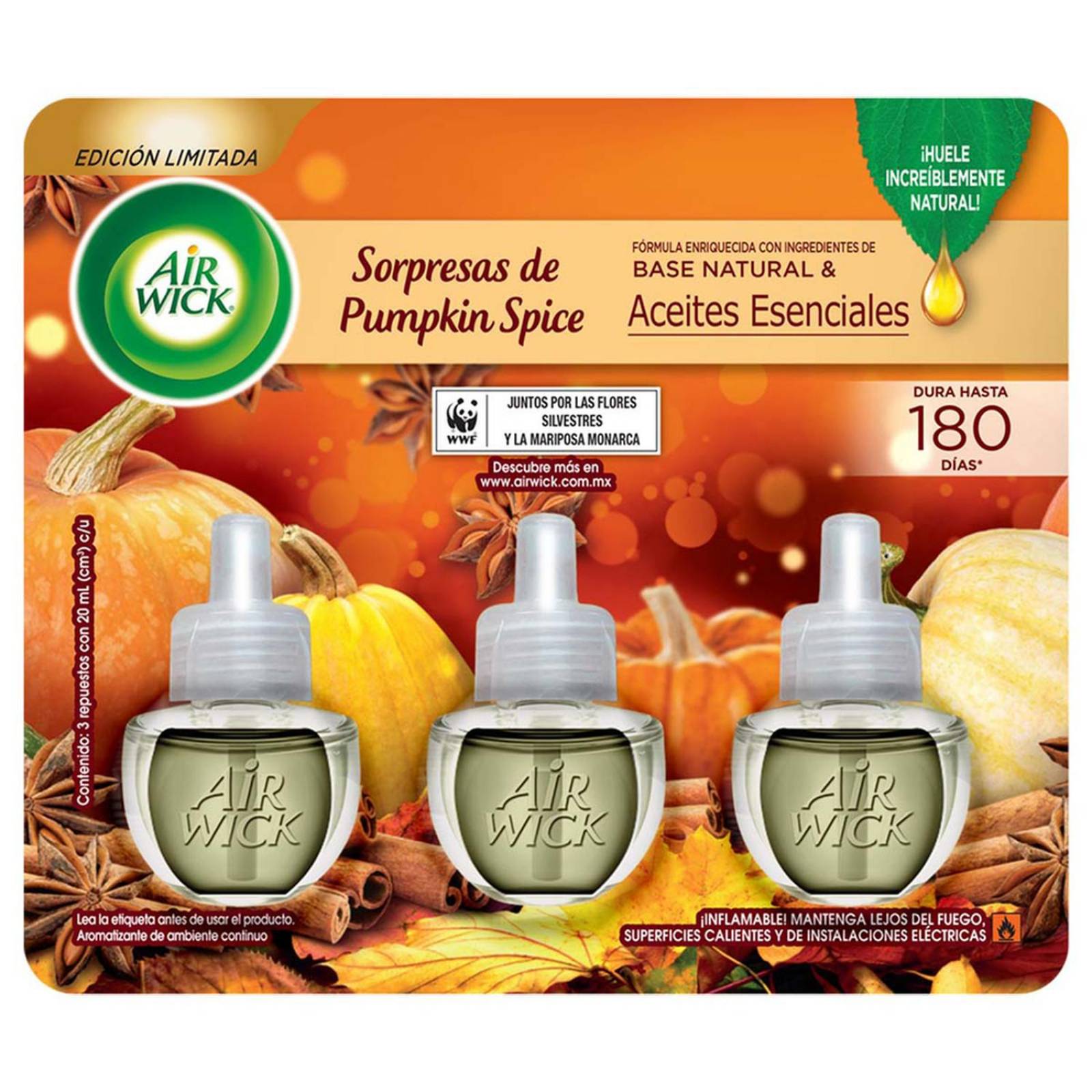 Air wick aromatizante eléctrico repuesto sorpresas de pumpkin spice 3 piezas de 2o ml 