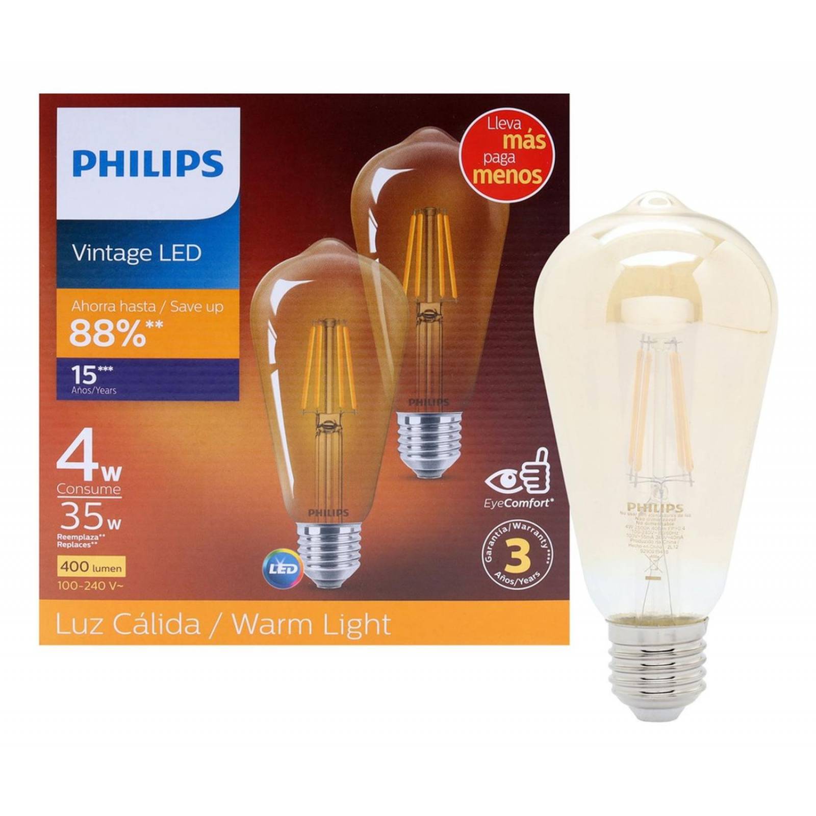 2 Focos Ahorradores Led St64 Philips 4 W 400 Lm Luz Amarilla 