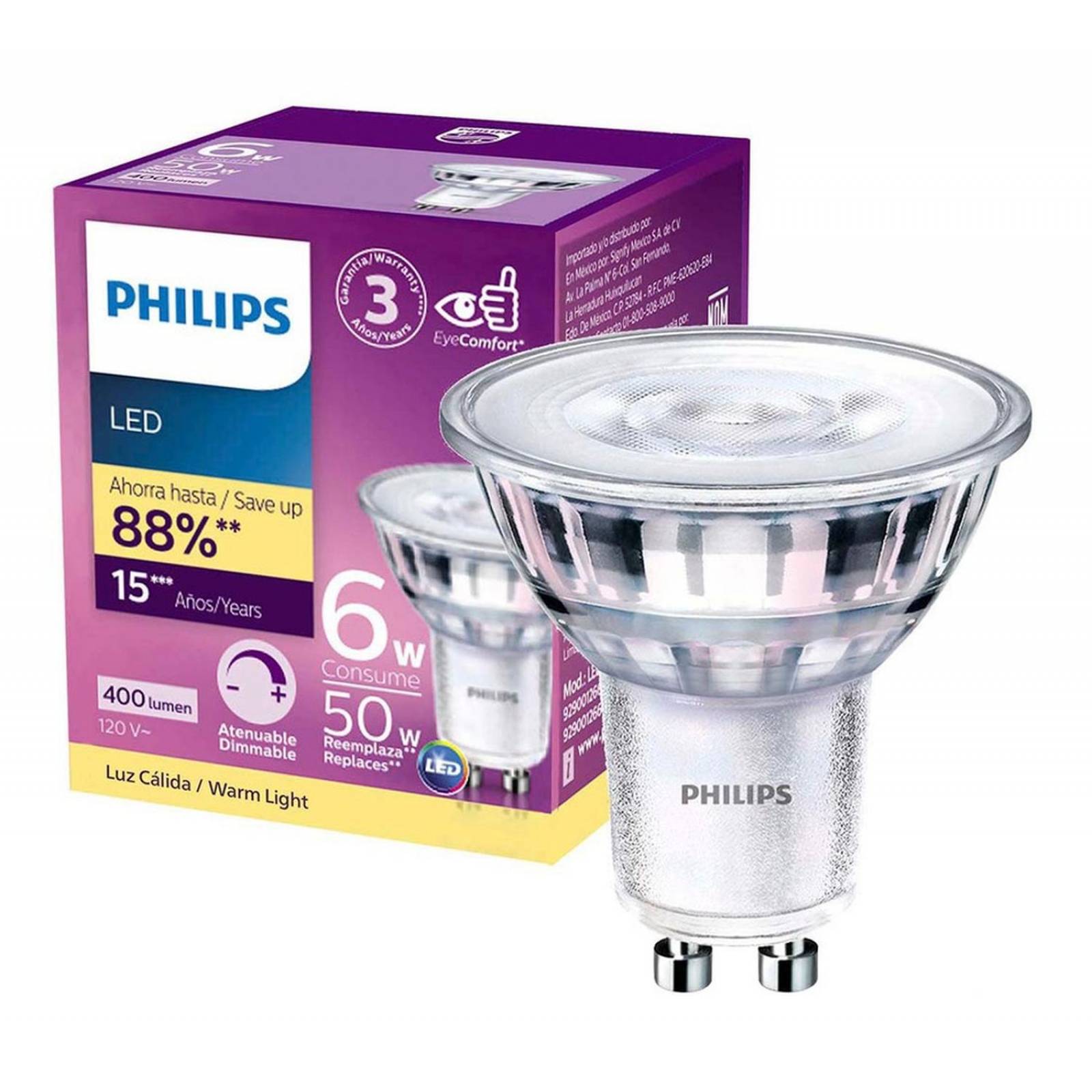 Foco Dicroica Led Gu10 Philips 6w 400lm Luz Cálida Amarilla 