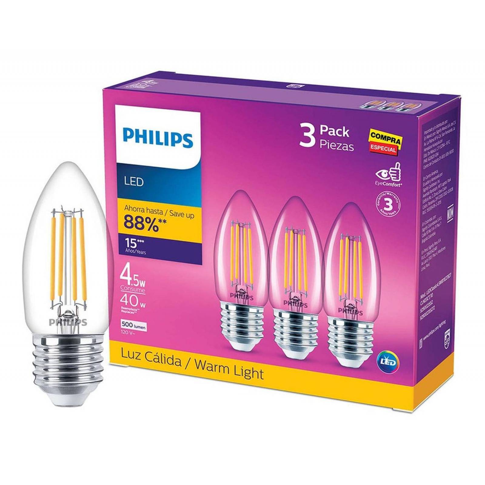3 Focos Led Filamento Philips 4w 500 Lm Luz Cálida Amarilla 